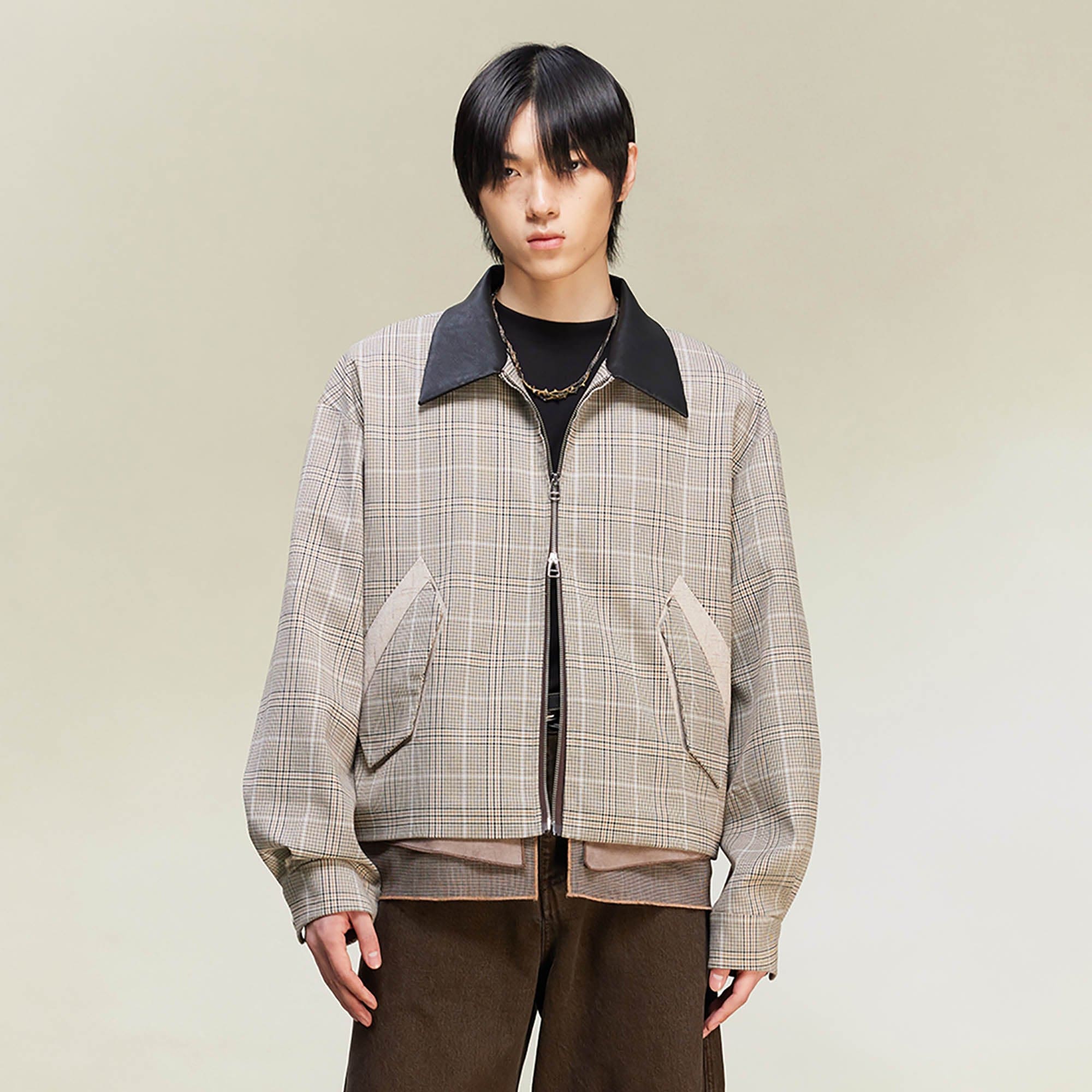 ALVNG AR ANTS Plaid Spliced PU-Collar Harrington Jacket