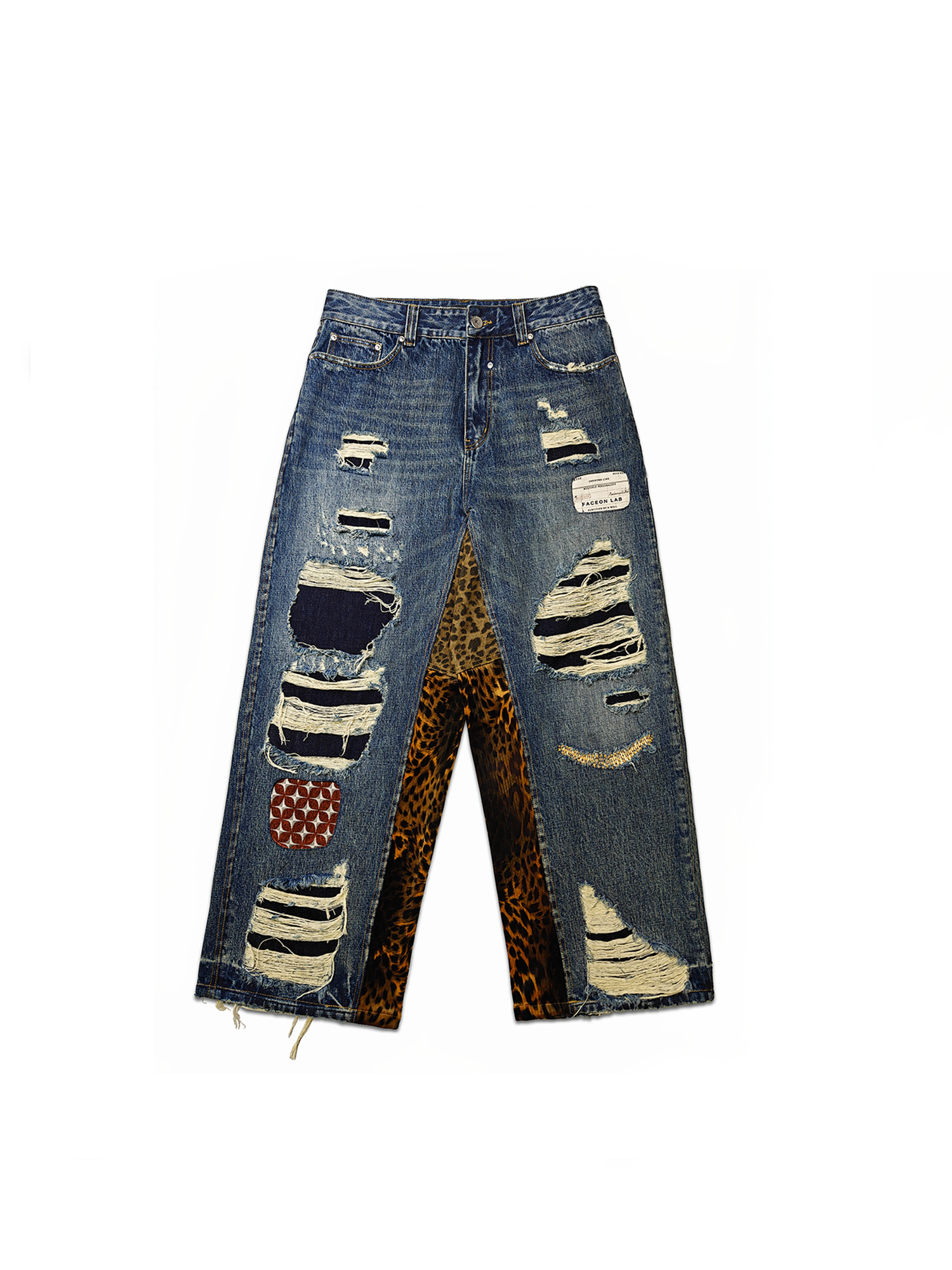 FACEONLAB Distressed Patch Leopard Paneled Jeans, premium urban and streetwear designers apparel on PROJECTISR.com, FACEONLAB