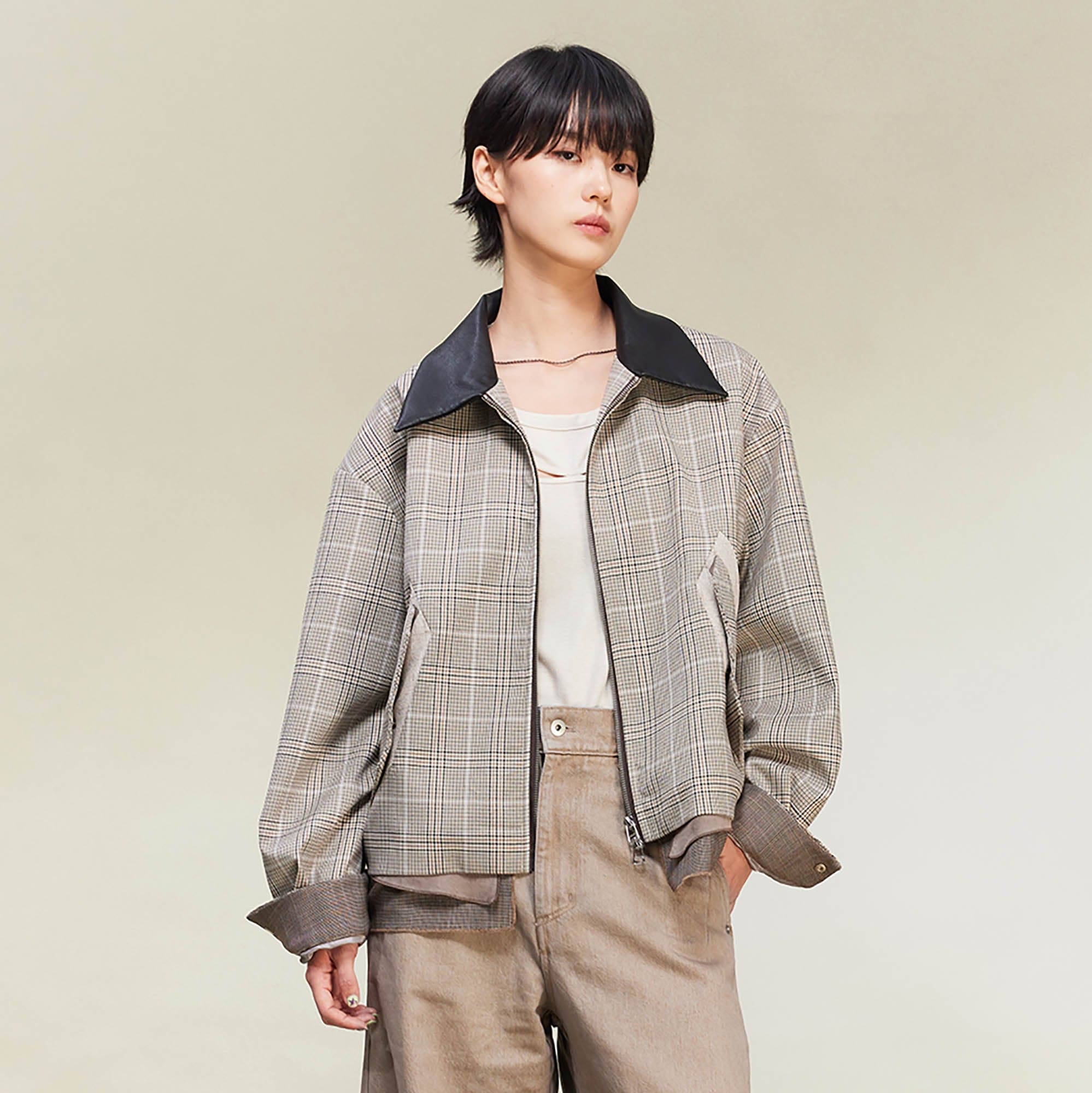 ALVNG AR ANTS Plaid Spliced PU-Collar Harrington Jacket