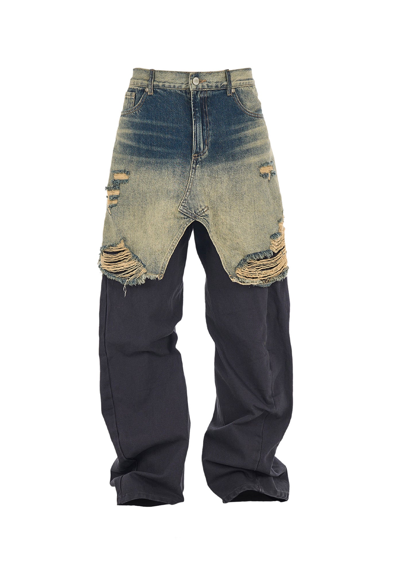 STEEPC Distressed Layered Denim Overlay Pants, premium urban and streetwear designers apparel on PROJECTISR.com, STEEPC