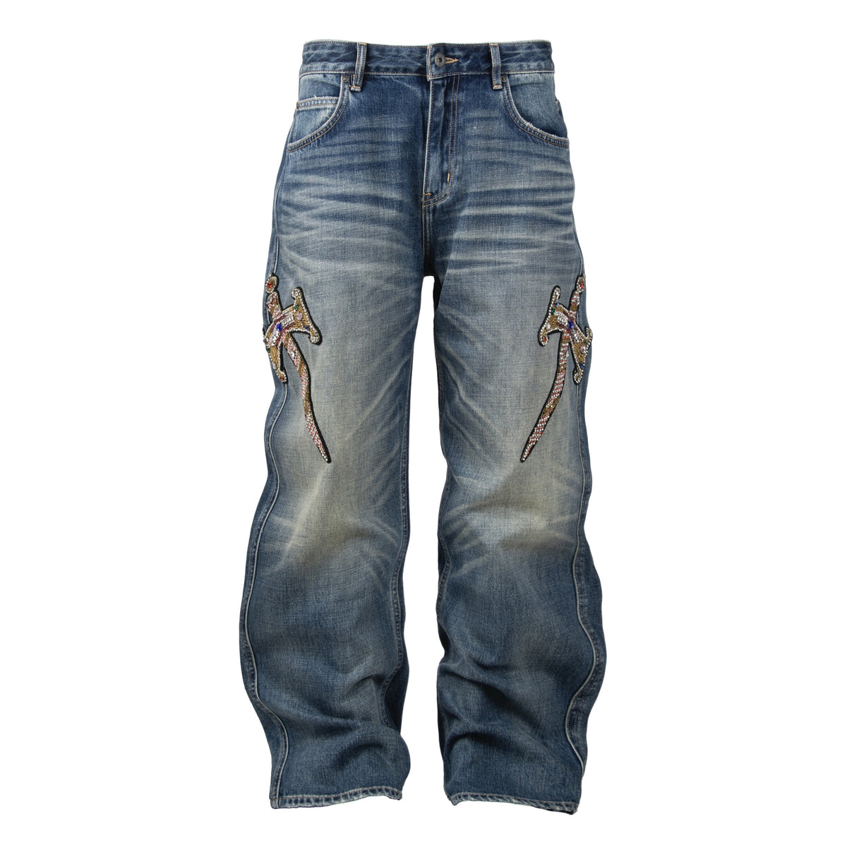 ZWDH Rhinestone Blade Embroidered Washed Straight-Leg Jeans — square · front