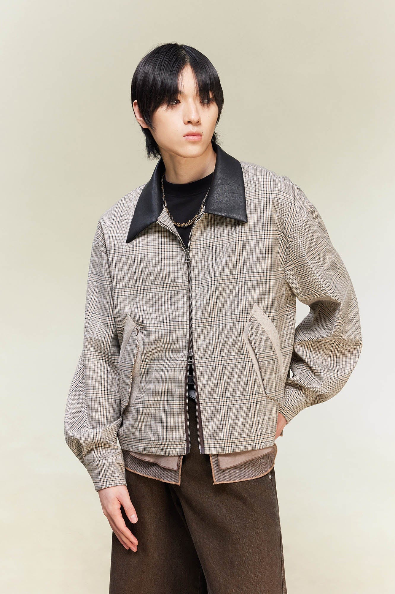 ALVNG AR ANTS Plaid Spliced PU-Collar Harrington Jacket