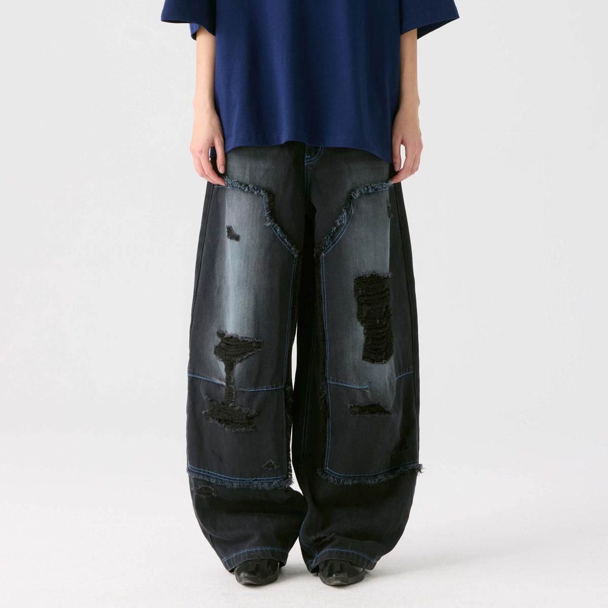 HAHAHA STUDIOS Distressed Washed Wide-Leg Jeans — square · front