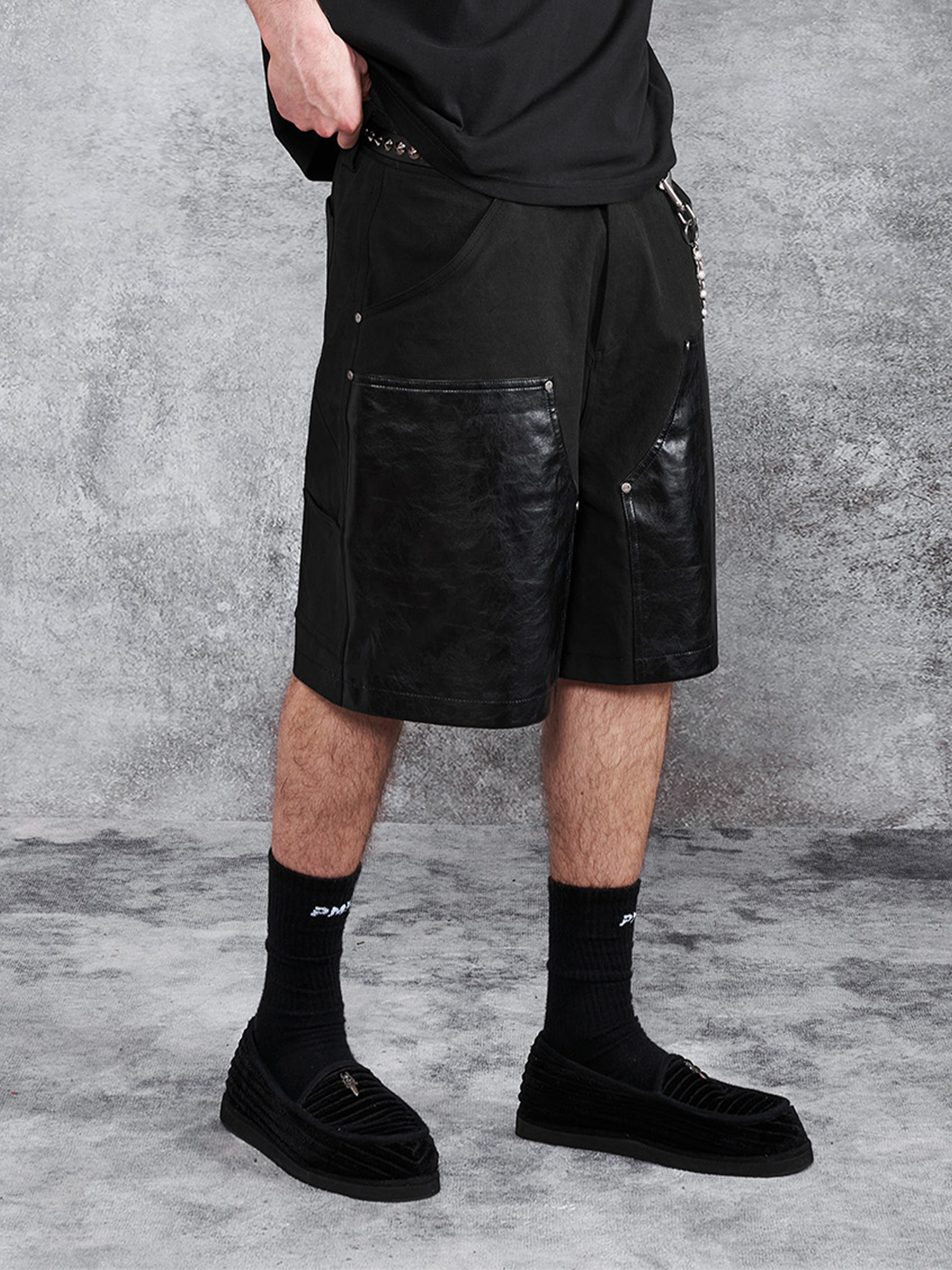 PMW Paneled Faux Leather Rivet Shorts, premium urban and streetwear designers apparel on PROJECTISR.com, PMW
