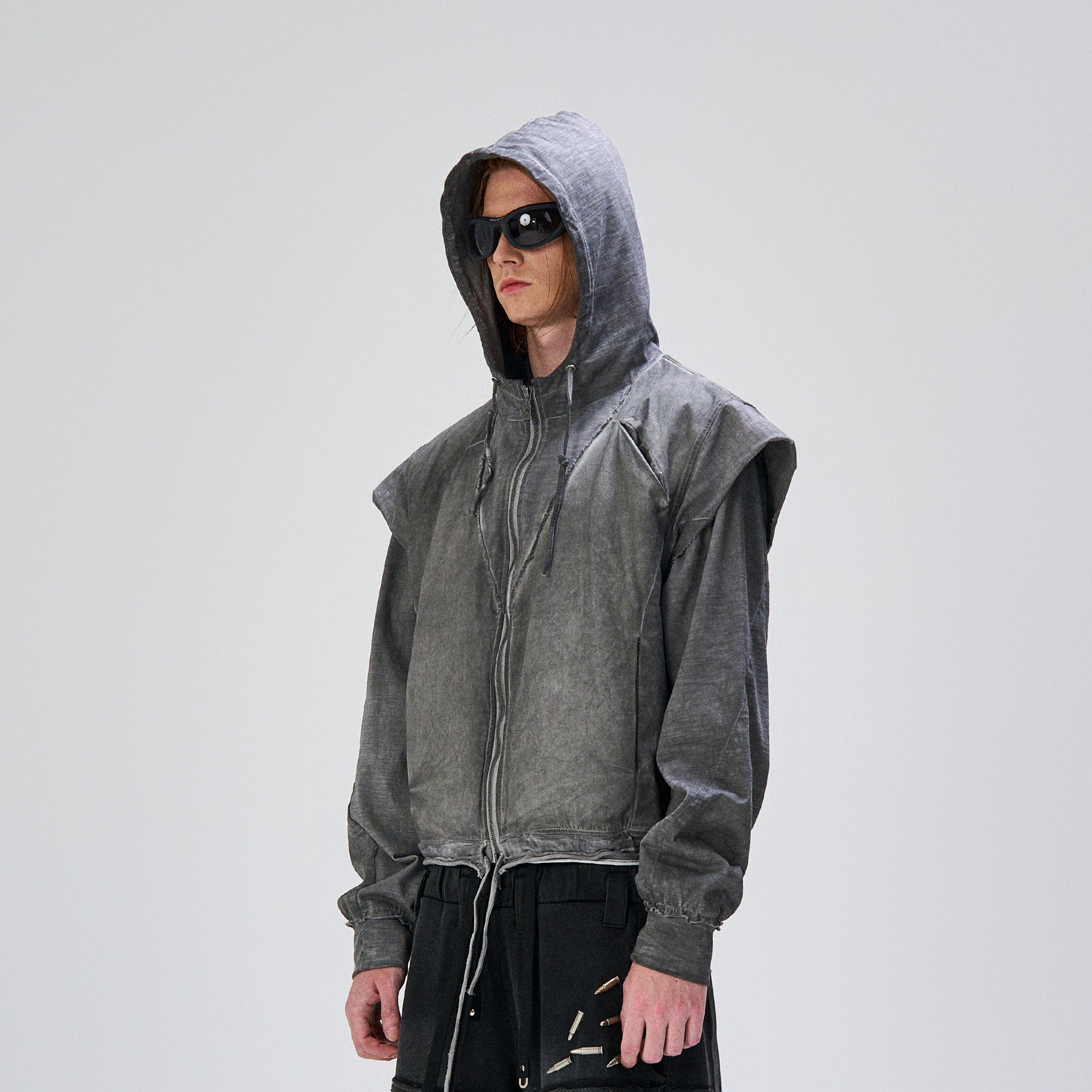 FLYERRER Distressed Layered Drawstring Hooded Jacket, premium urban and streetwear designers apparel on PROJECTISR.com, FLYERRER