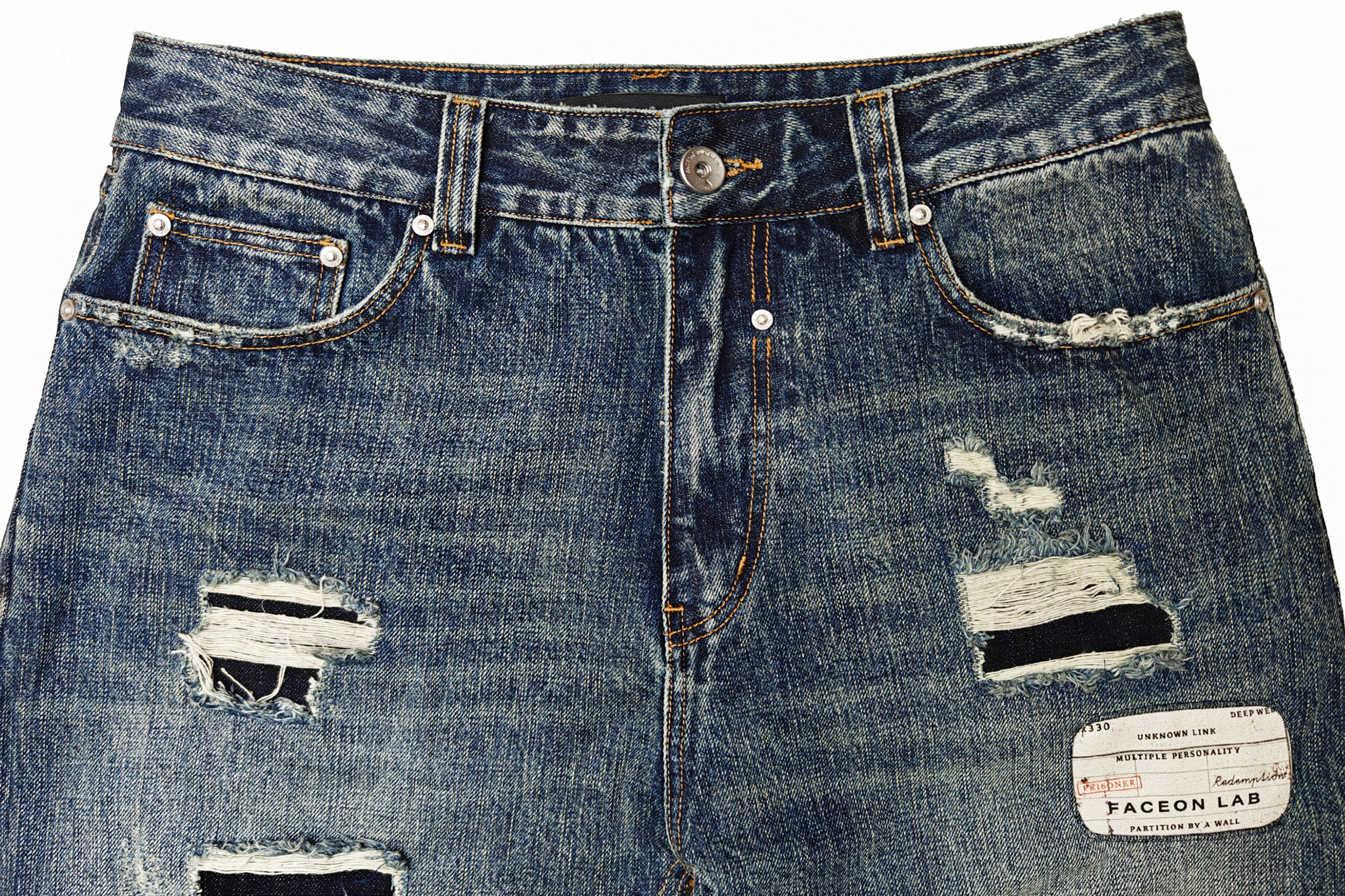 FACEONLAB Distressed Patch Leopard Paneled Jeans, premium urban and streetwear designers apparel on PROJECTISR.com, FACEONLAB