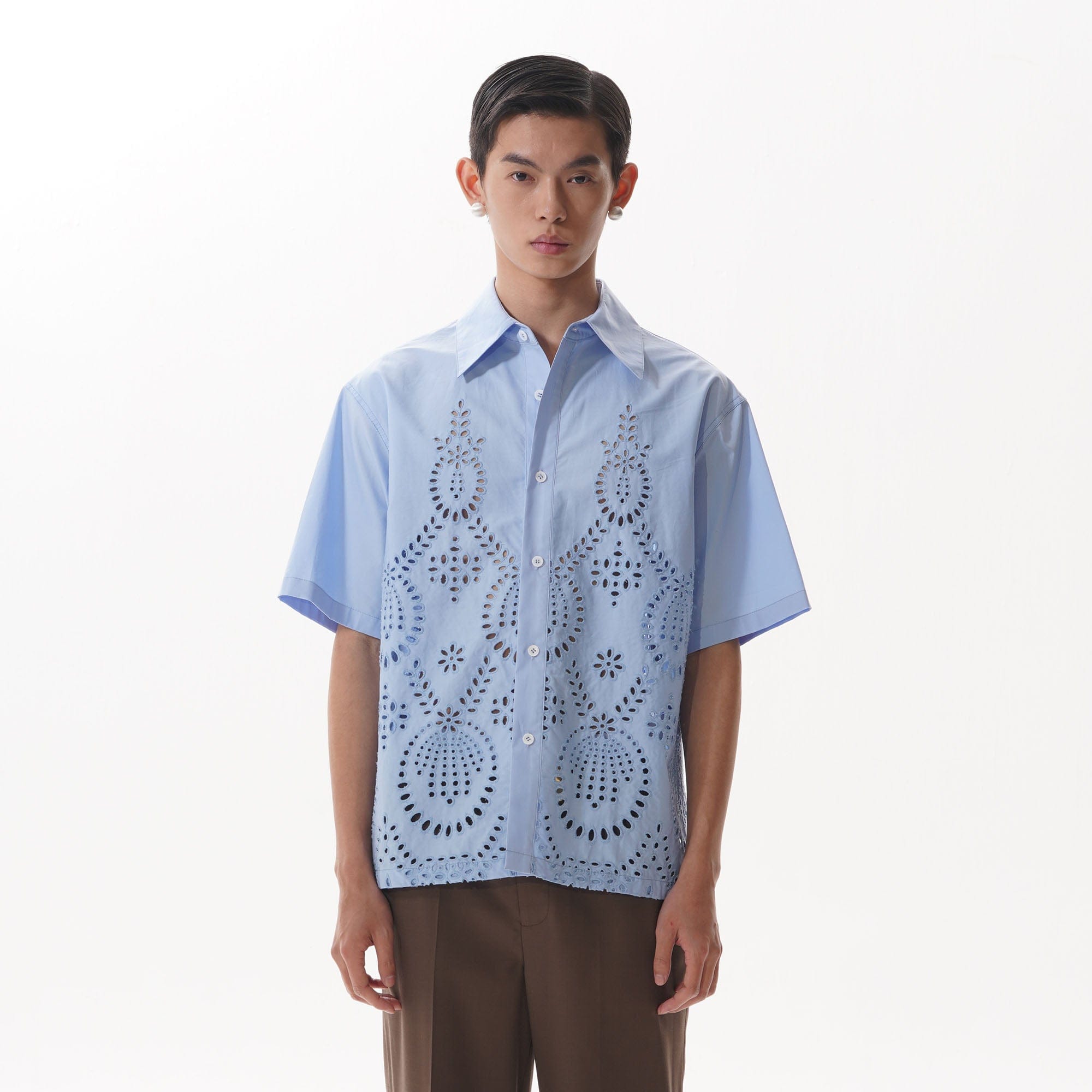 ORAL UTOPIA Geometric Eyelet Embroidery Half Shirt, premium urban and streetwear designers apparel on PROJECTISR.com, ORAL UTOPIA