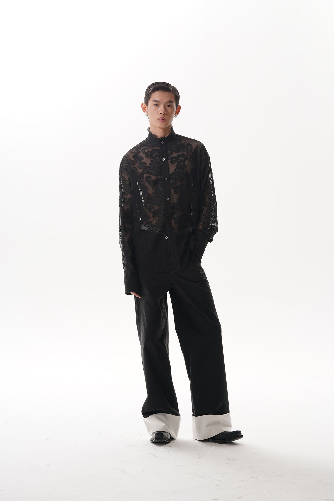 ORAL UTOPIA Contrast Fold-Hem Straight-Leg Pants, premium urban and streetwear designers apparel on PROJECTISR.com, ORAL UTOPIA