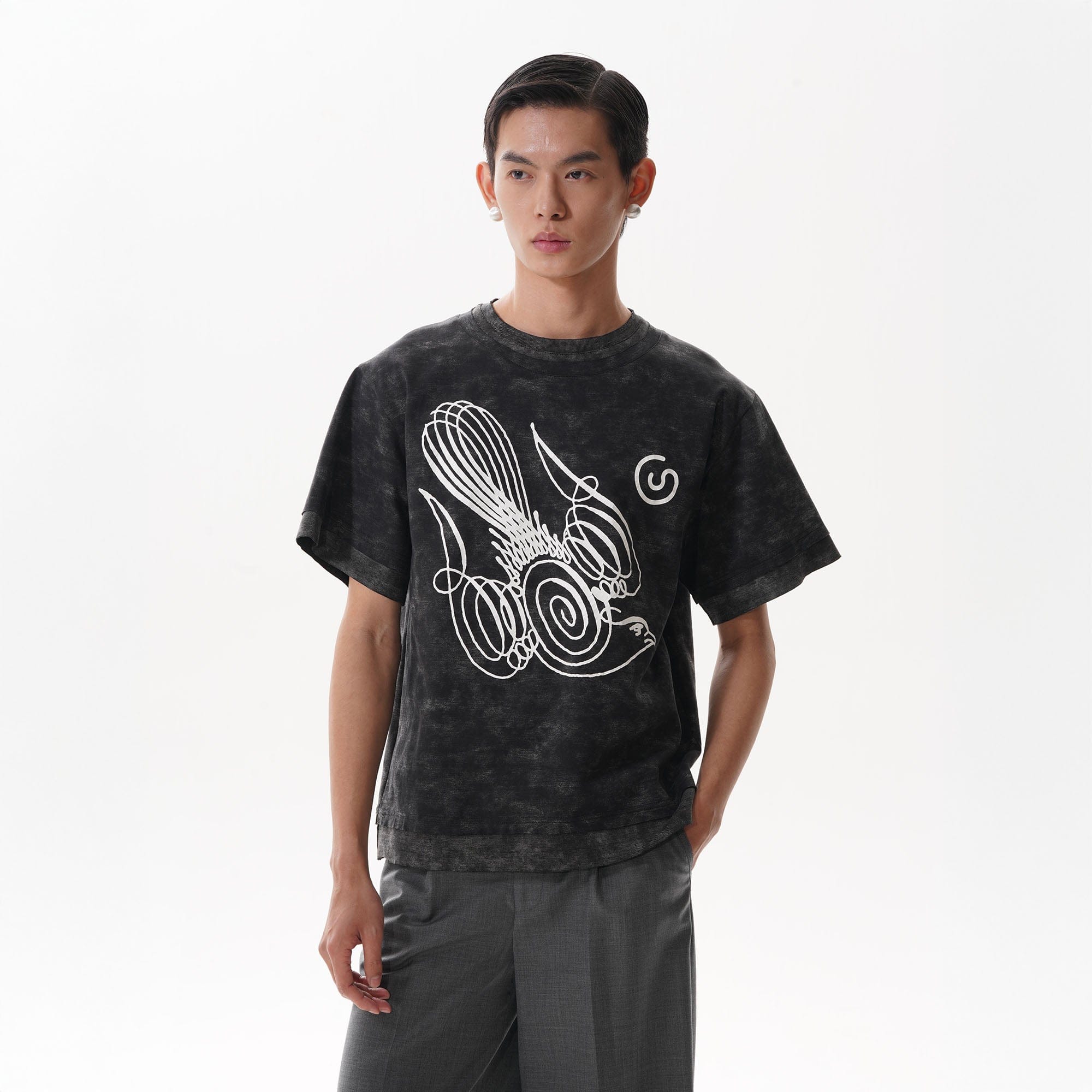 ORAL UTOPIA Washed Double-Layer Abstract Pigeon Graphic T-Shirt, premium urban and streetwear designers apparel on PROJECTISR.com, ORAL UTOPIA