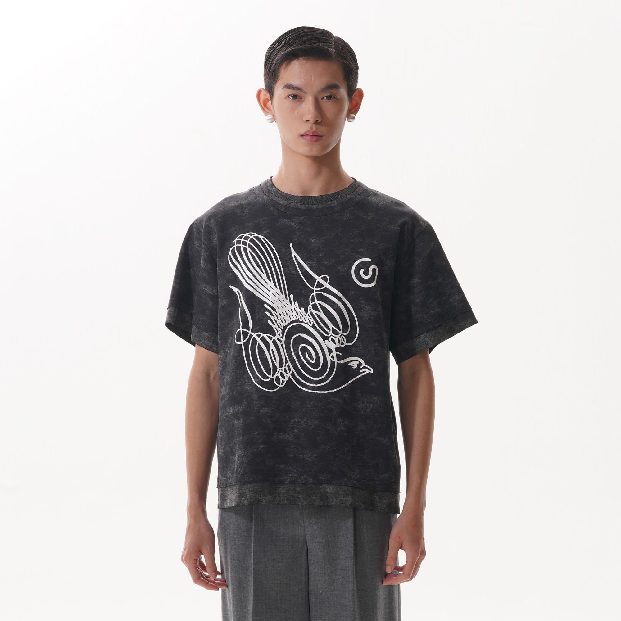 ORAL UTOPIA Washed Double-Layer Abstract Pigeon Graphic T-Shirt, premium urban and streetwear designers apparel on PROJECTISR.com, ORAL UTOPIA