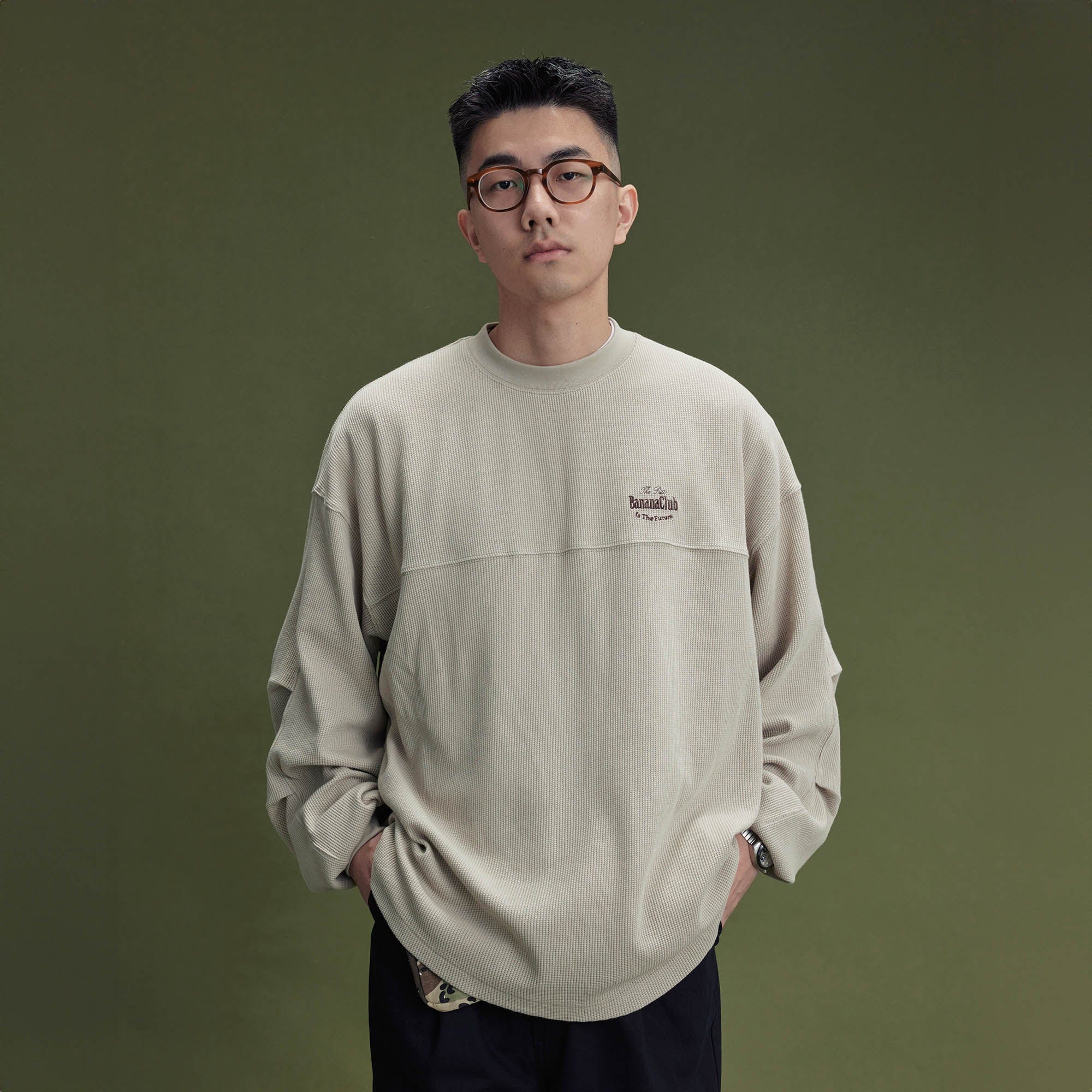 BANANA CLUB Waffle Knit Spliced Long-Sleeve Tee