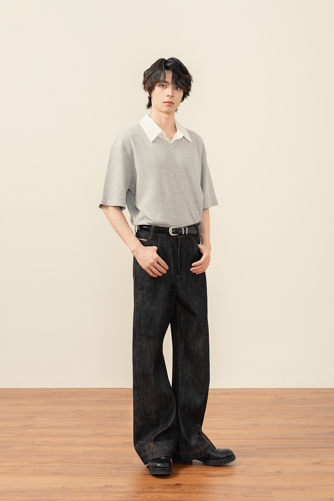 MOITIEDEPETALE Plaid-Inset Wide-Leg Selvedge Jeans