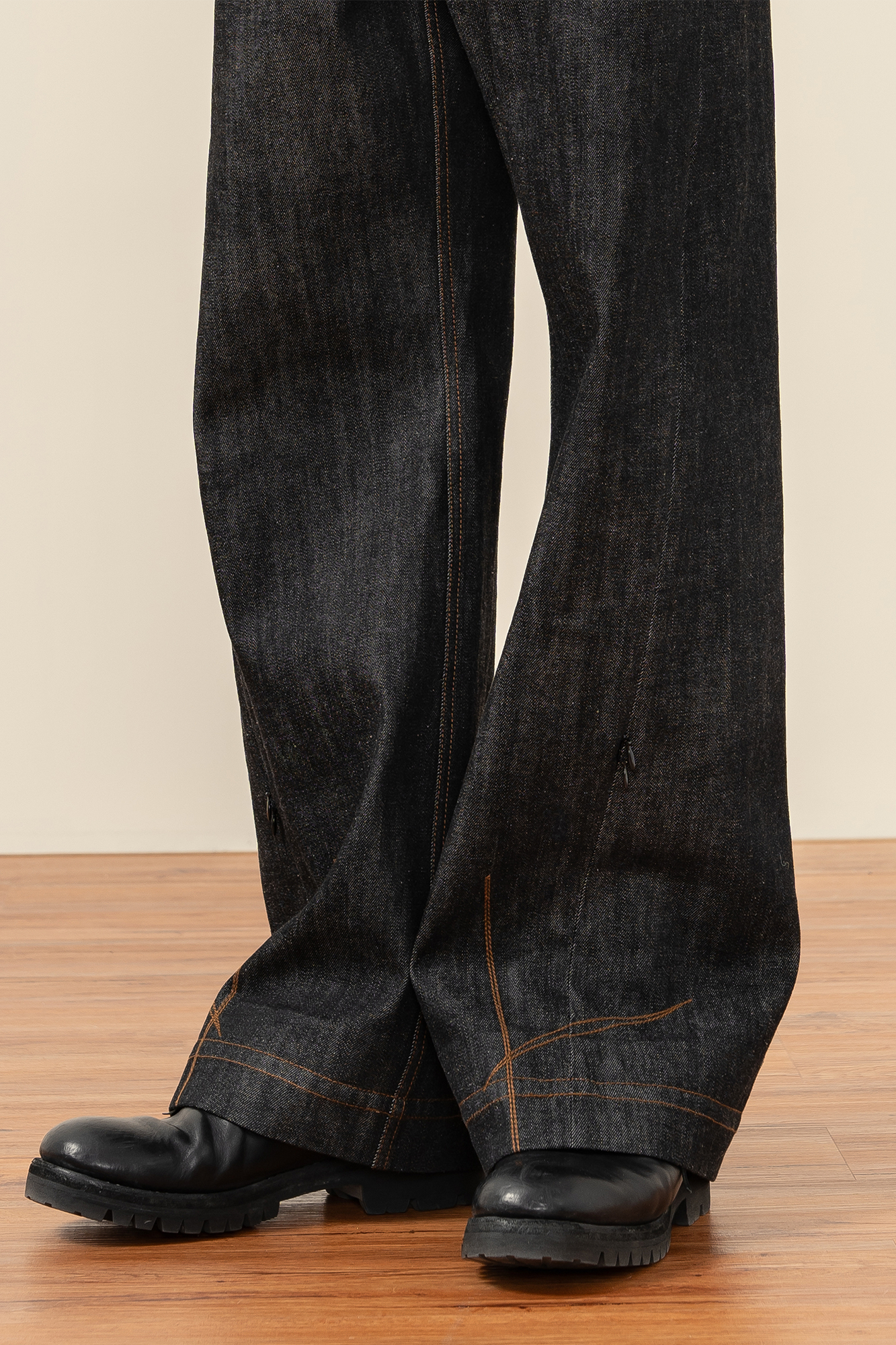 MOITIEDEPETALE Plaid-Inset Wide-Leg Selvedge Jeans