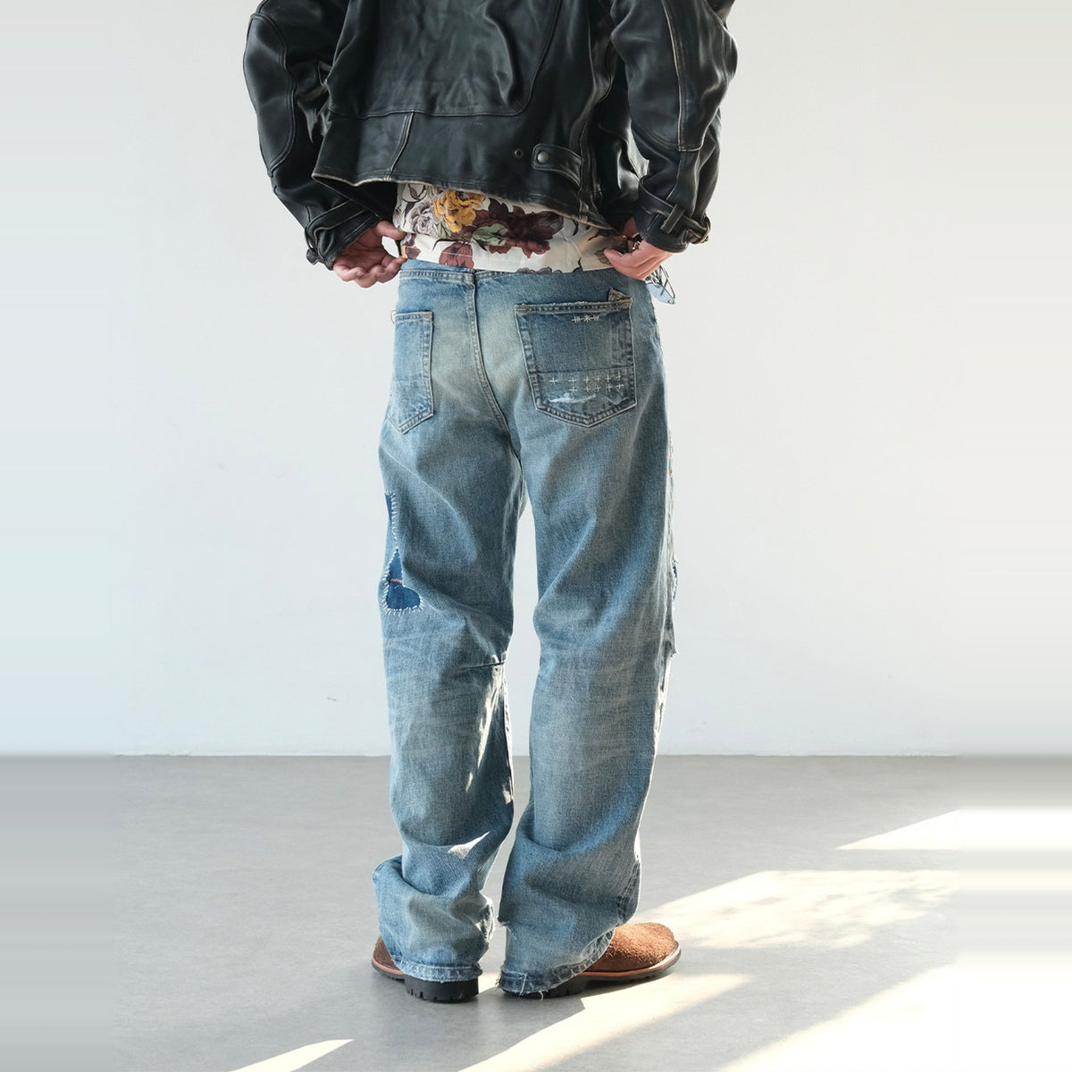 NEIGBORL Distressed Patchwork Mid-Rise Straight-Leg Jeans — square · back