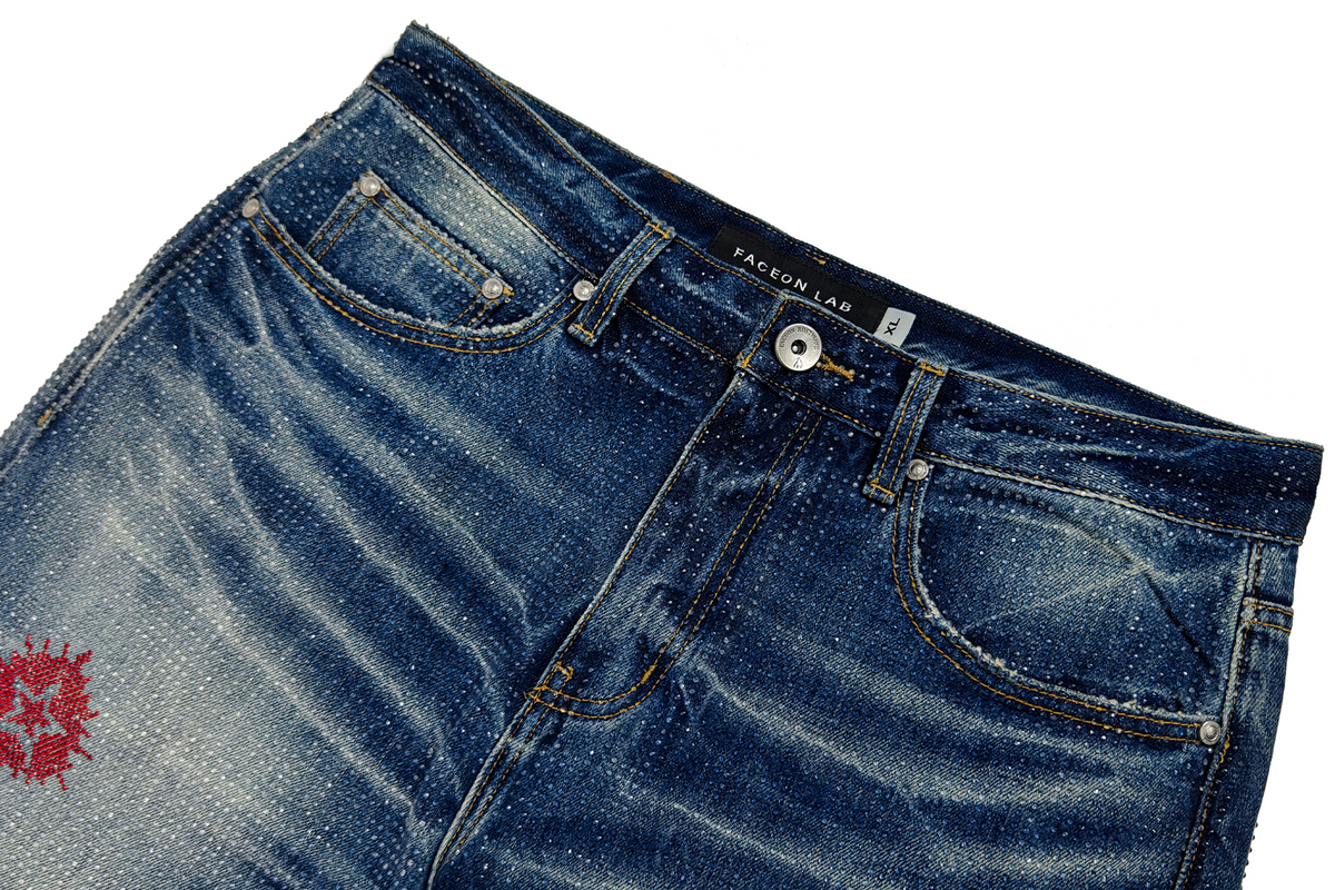 FACEONLAB Crystal Rhinestone Serpent Washed Straight-Leg Jeans