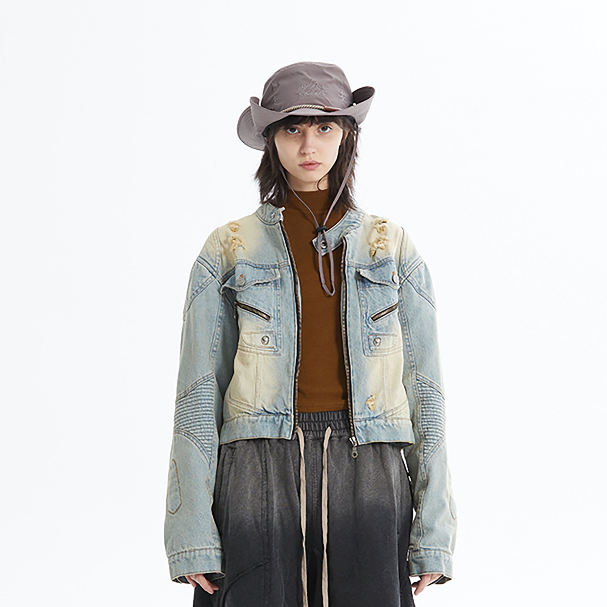 ERROR CODE ROBOT Distressed Washed Cropped Biker Denim Jacket, premium urban and streetwear designers apparel on PROJECTISR.com, ERROR CODE ROBOT