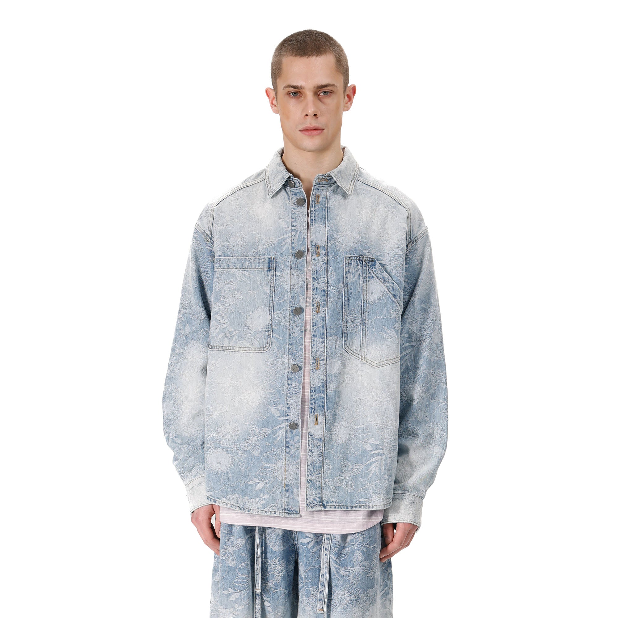 VANN VALRENCE Washed Floral Jacquard Denim Shirt, premium urban and streetwear designers apparel on PROJECTISR.com, VANN VALRENCE
