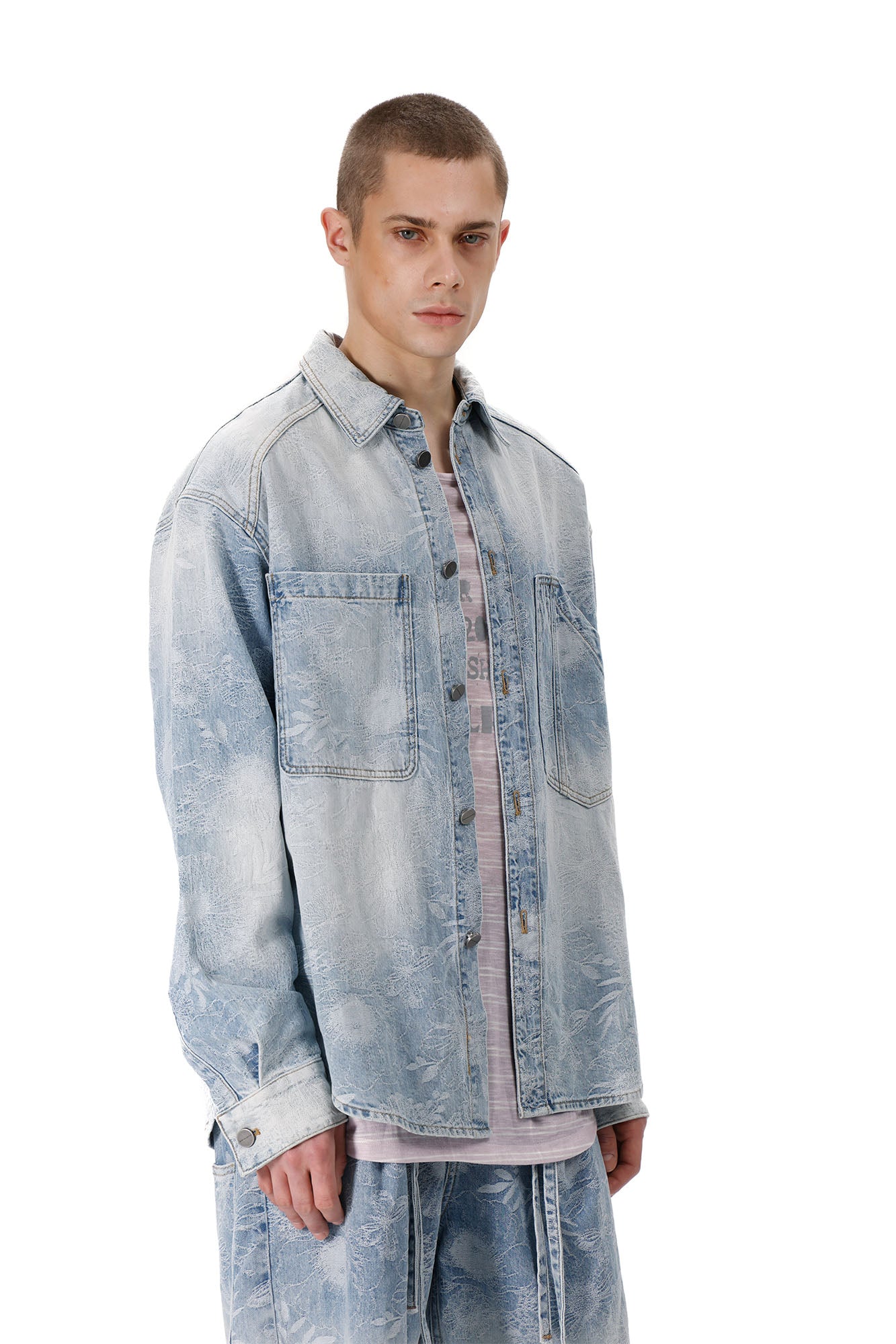 VANN VALRENCE Washed Floral Jacquard Denim Shirt, premium urban and streetwear designers apparel on PROJECTISR.com, VANN VALRENCE