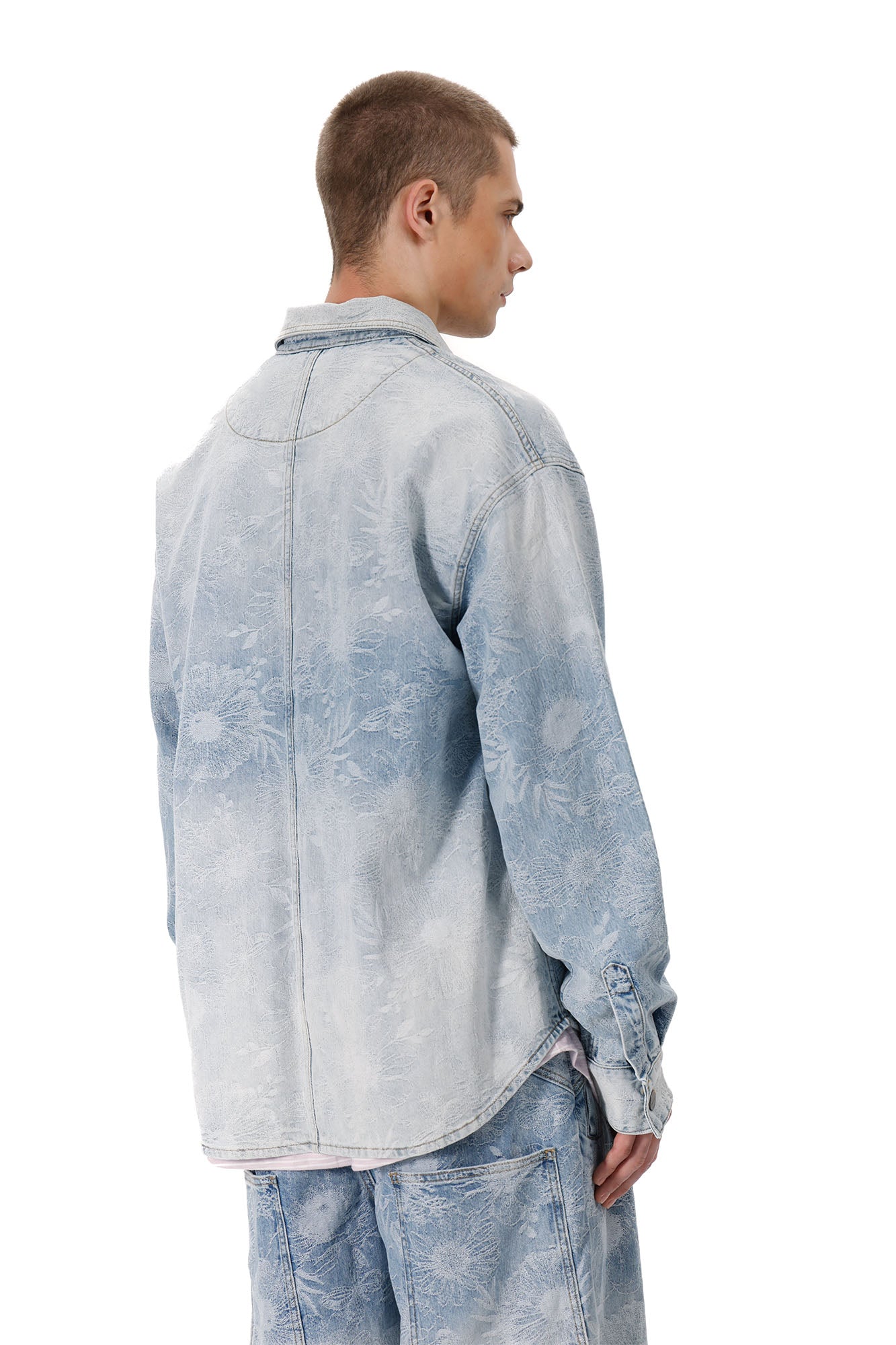 VANN VALRENCE Washed Floral Jacquard Denim Shirt, premium urban and streetwear designers apparel on PROJECTISR.com, VANN VALRENCE