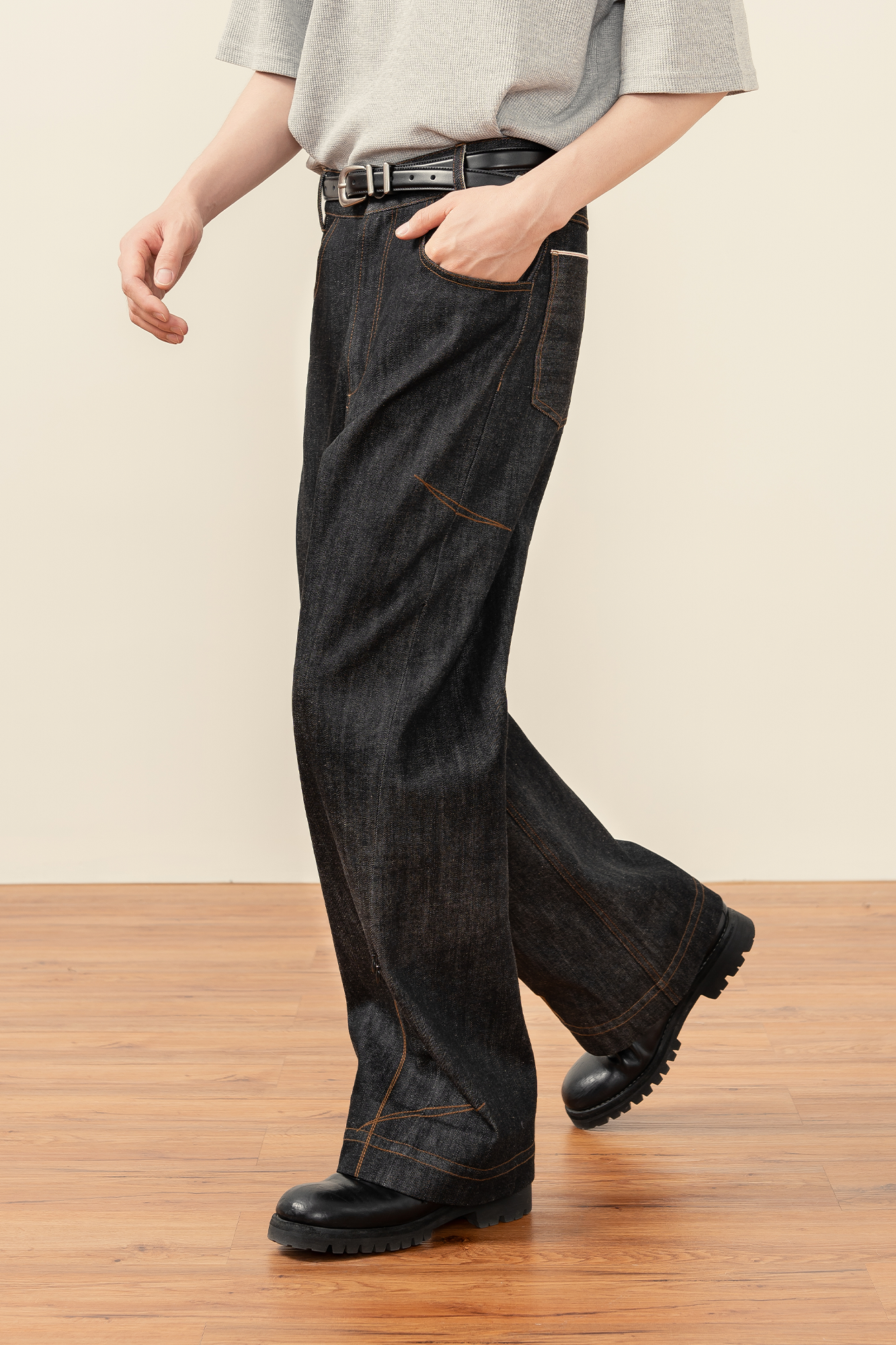 MOITIEDEPETALE Plaid-Inset Wide-Leg Selvedge Jeans