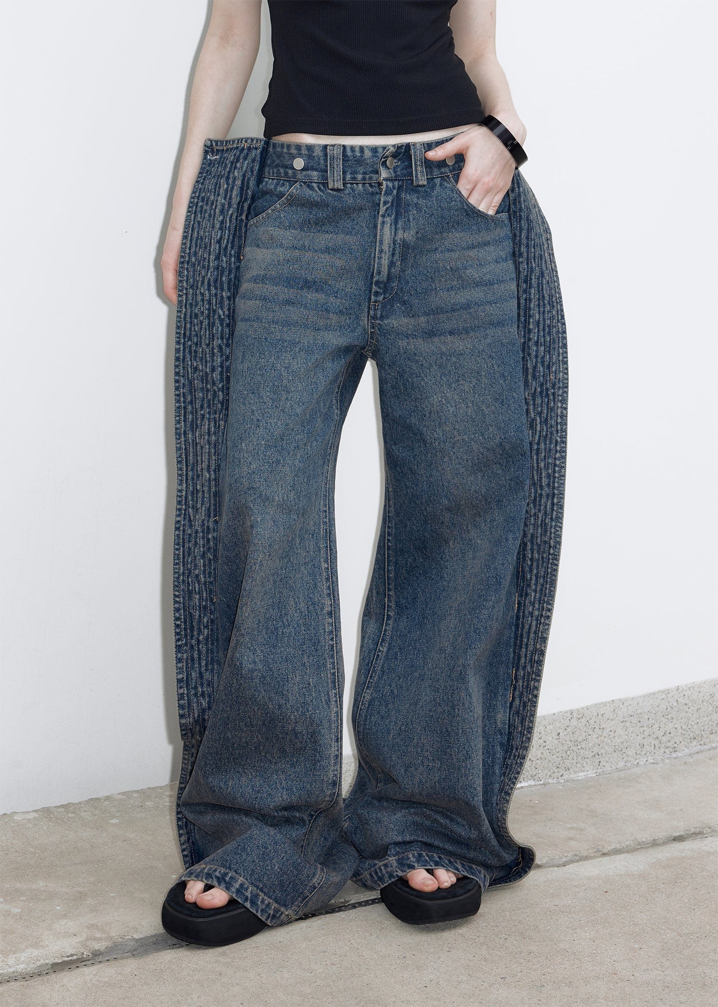 49PERCENT Spliced Wing Washed Jeans, premium urban and streetwear designers apparel on PROJECTISR.com, 49PERCENT