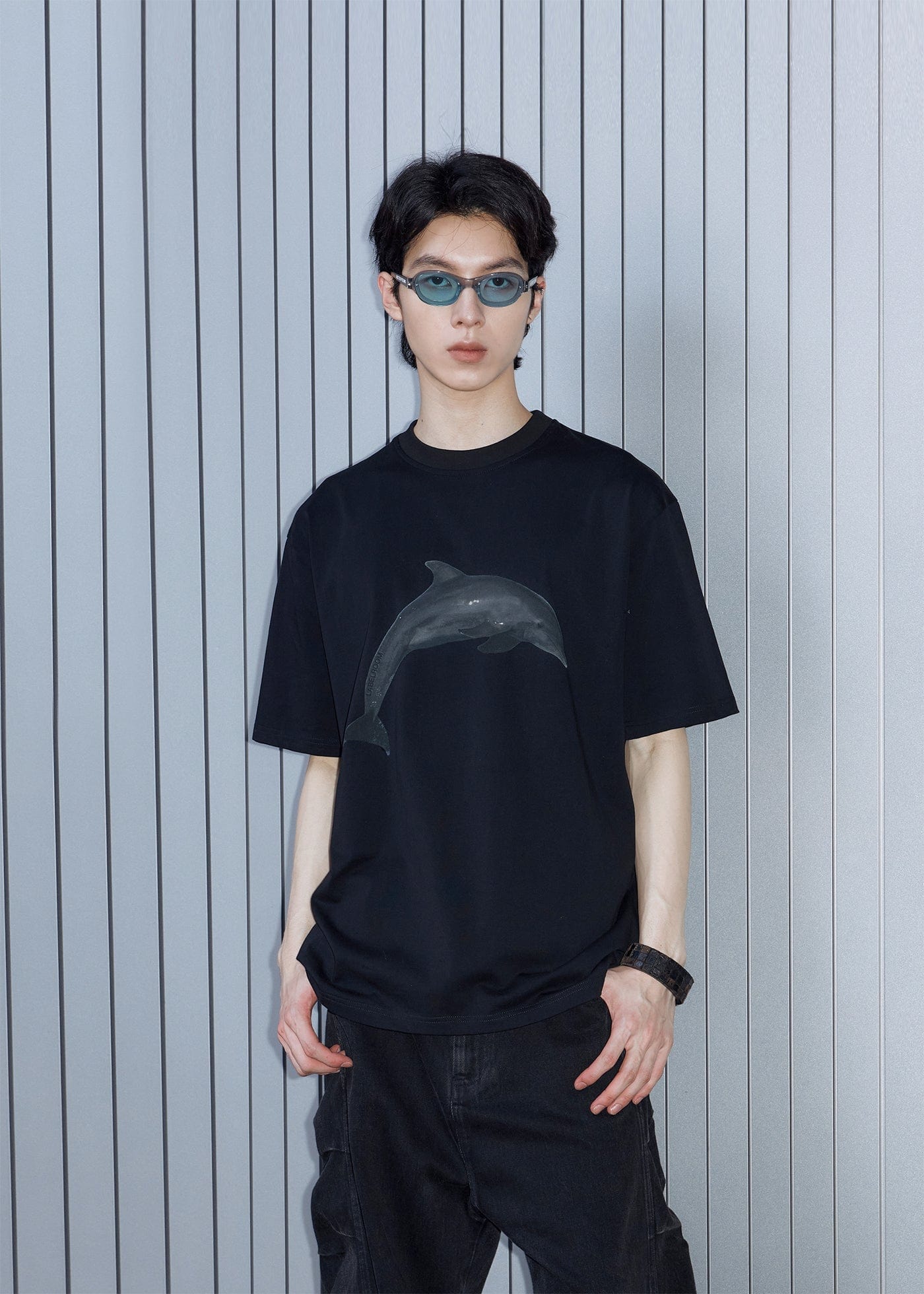 49PERCENT Black Dolphin T-Shirt, premium urban and streetwear designers apparel on PROJECTISR.com, 49PERCENT