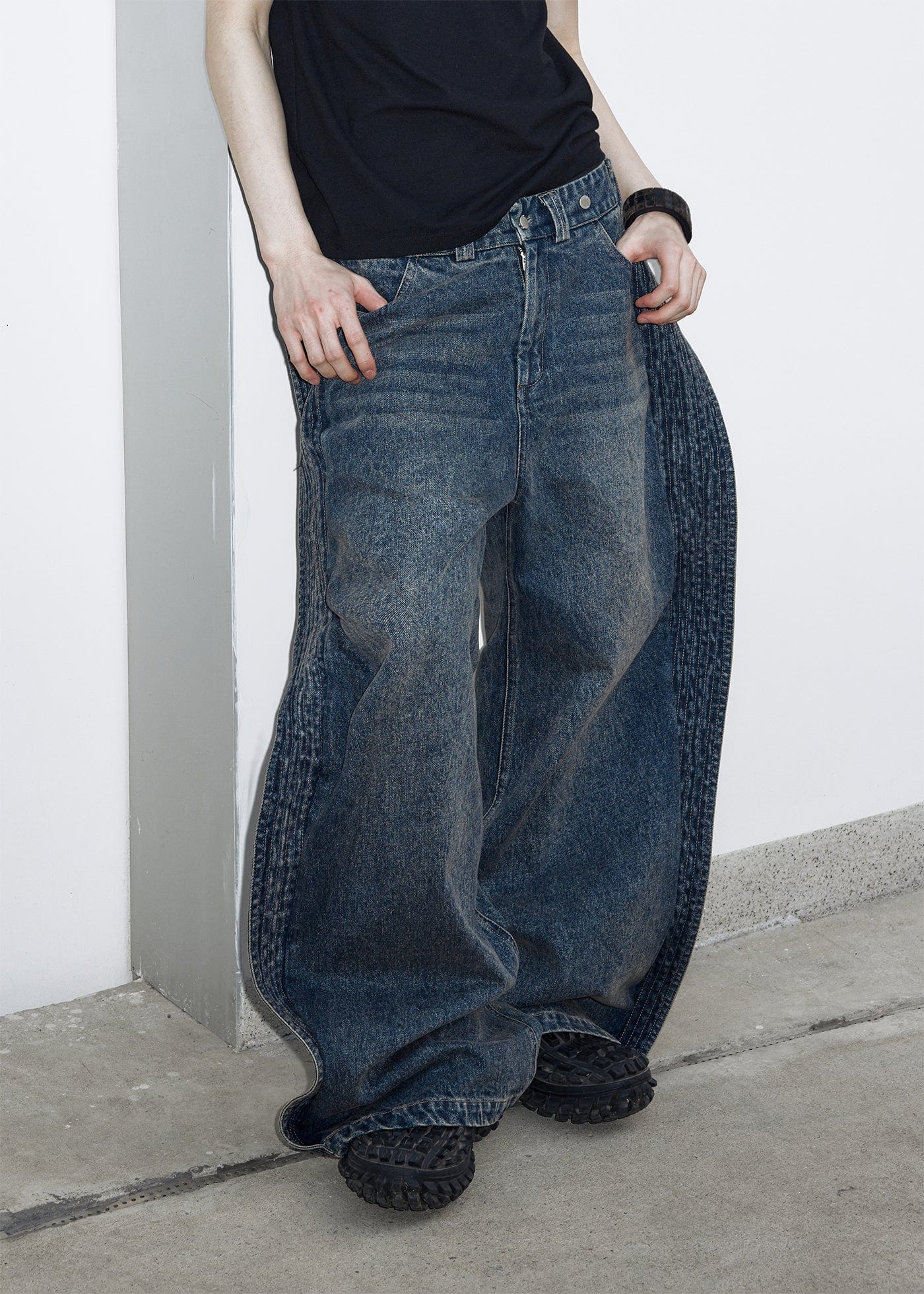 49PERCENT Spliced Wing Washed Jeans, premium urban and streetwear designers apparel on PROJECTISR.com, 49PERCENT