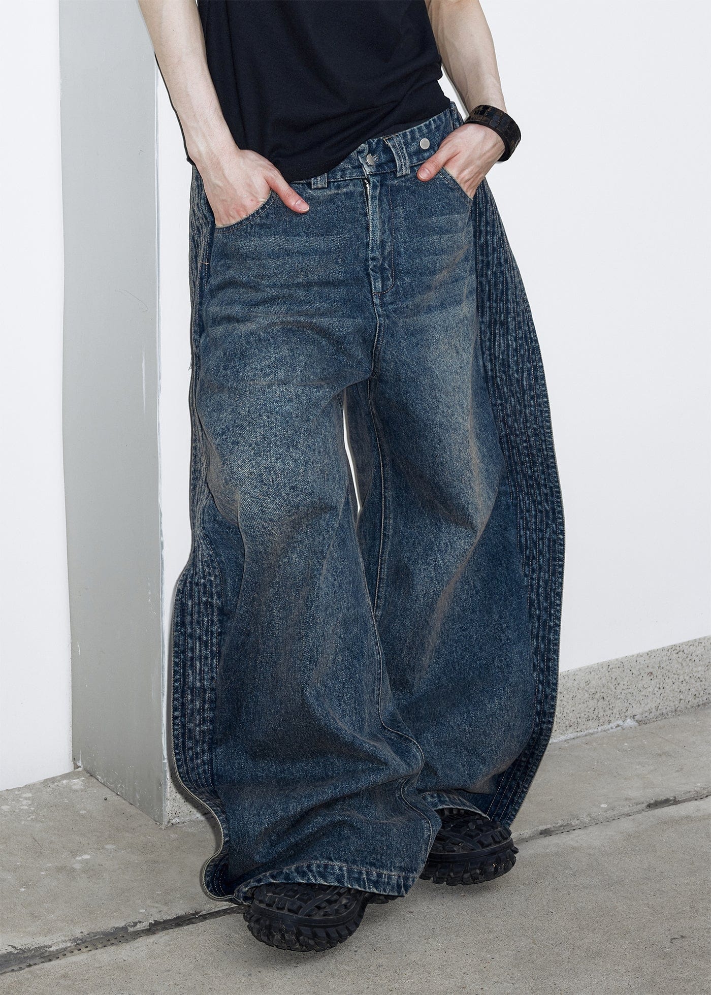 49PERCENT Spliced Wing Washed Jeans, premium urban and streetwear designers apparel on PROJECTISR.com, 49PERCENT