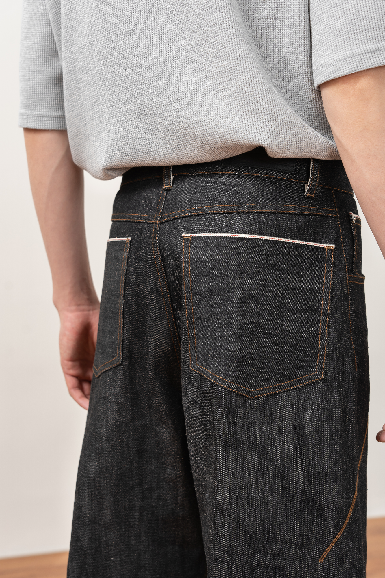 MOITIEDEPETALE Plaid-Inset Wide-Leg Selvedge Jeans