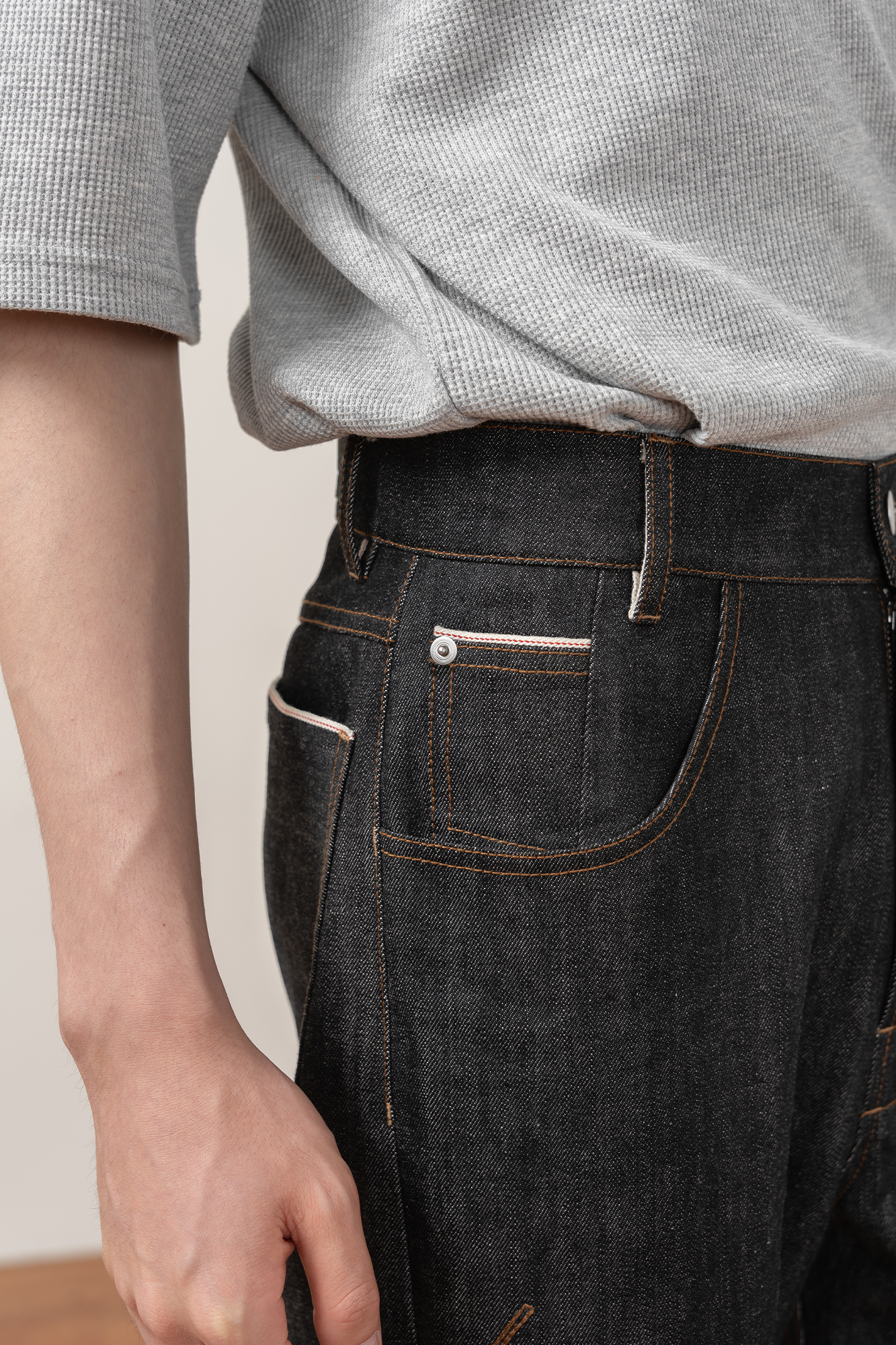 MOITIEDEPETALE Plaid-Inset Wide-Leg Selvedge Jeans