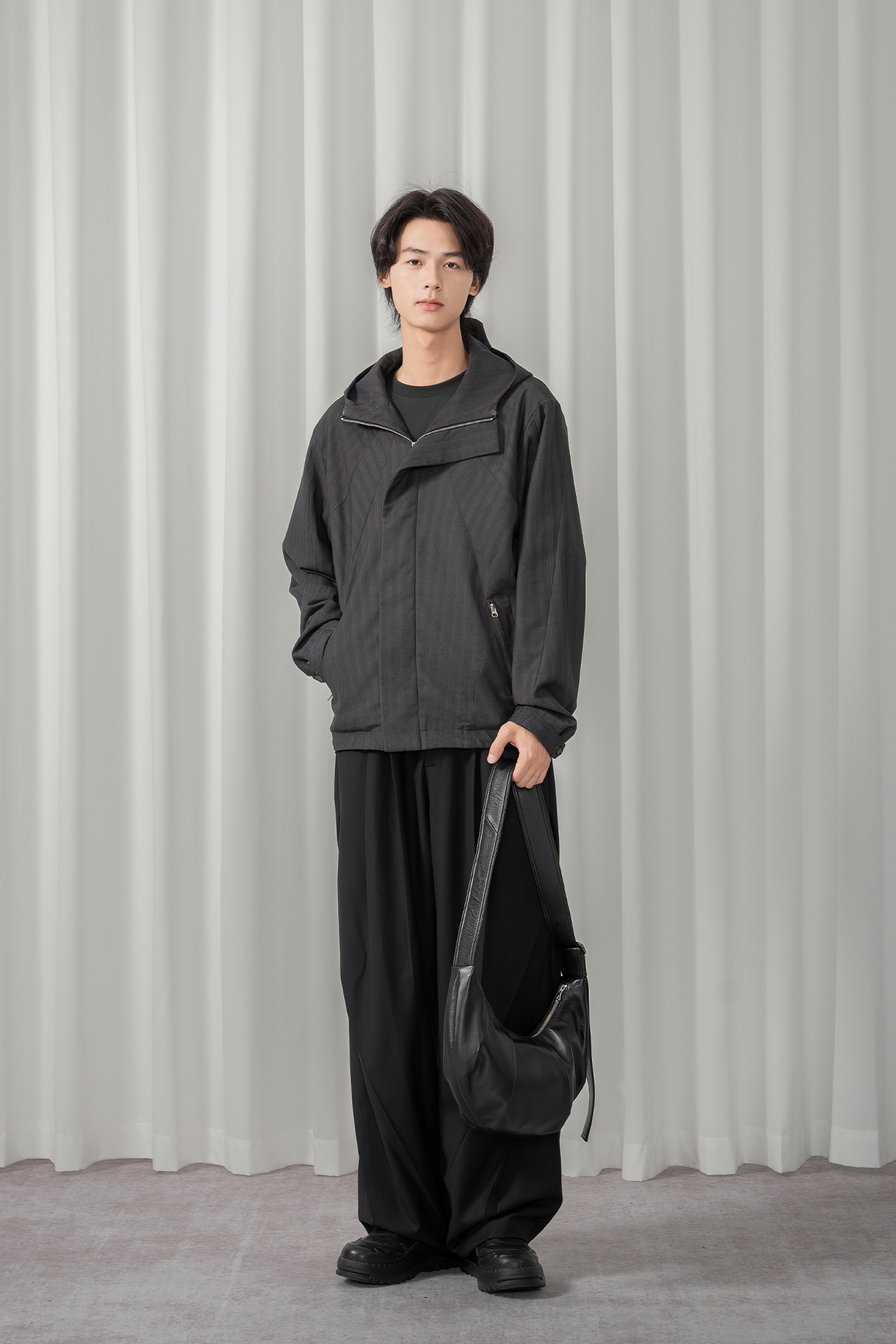 MOITIEDEPETALE Striped Magnetic-Front Hooded Coat
