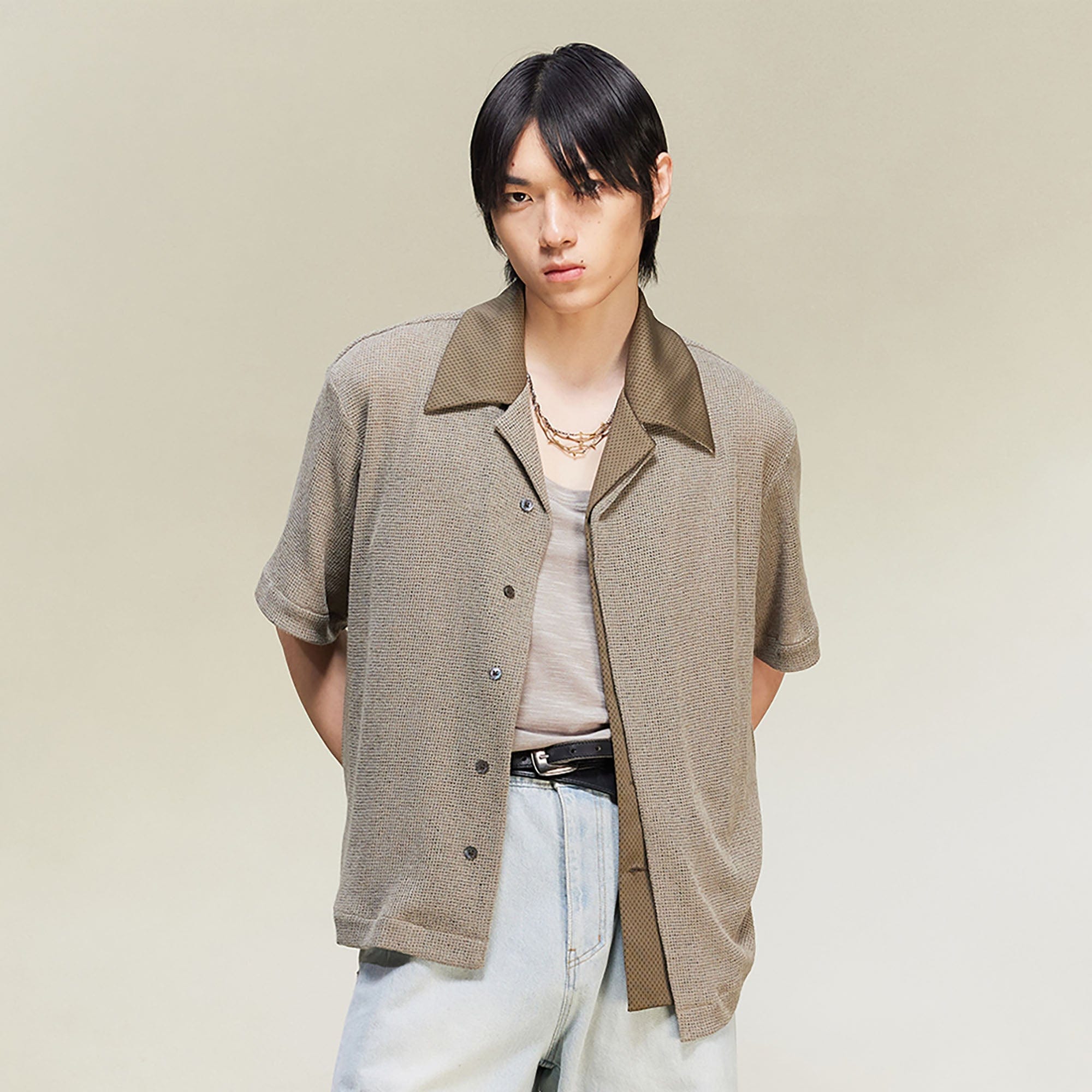 ALVNG AR ANTS Contrast Collar Knitted Texture Half Shirt, premium urban and streetwear designers apparel on PROJECTISR.com, ALVNG AR ANTS