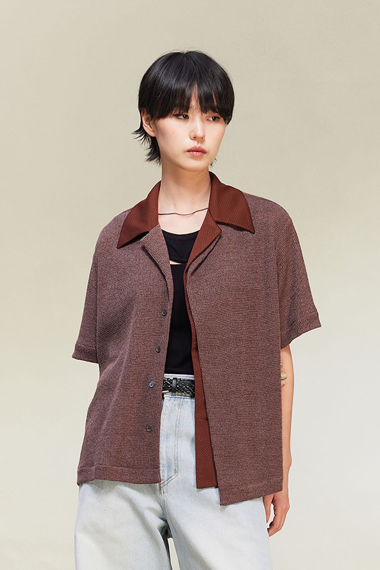 ALVNG AR ANTS Contrast Collar Knitted Texture Half Shirt, premium urban and streetwear designers apparel on PROJECTISR.com, ALVNG AR ANTS