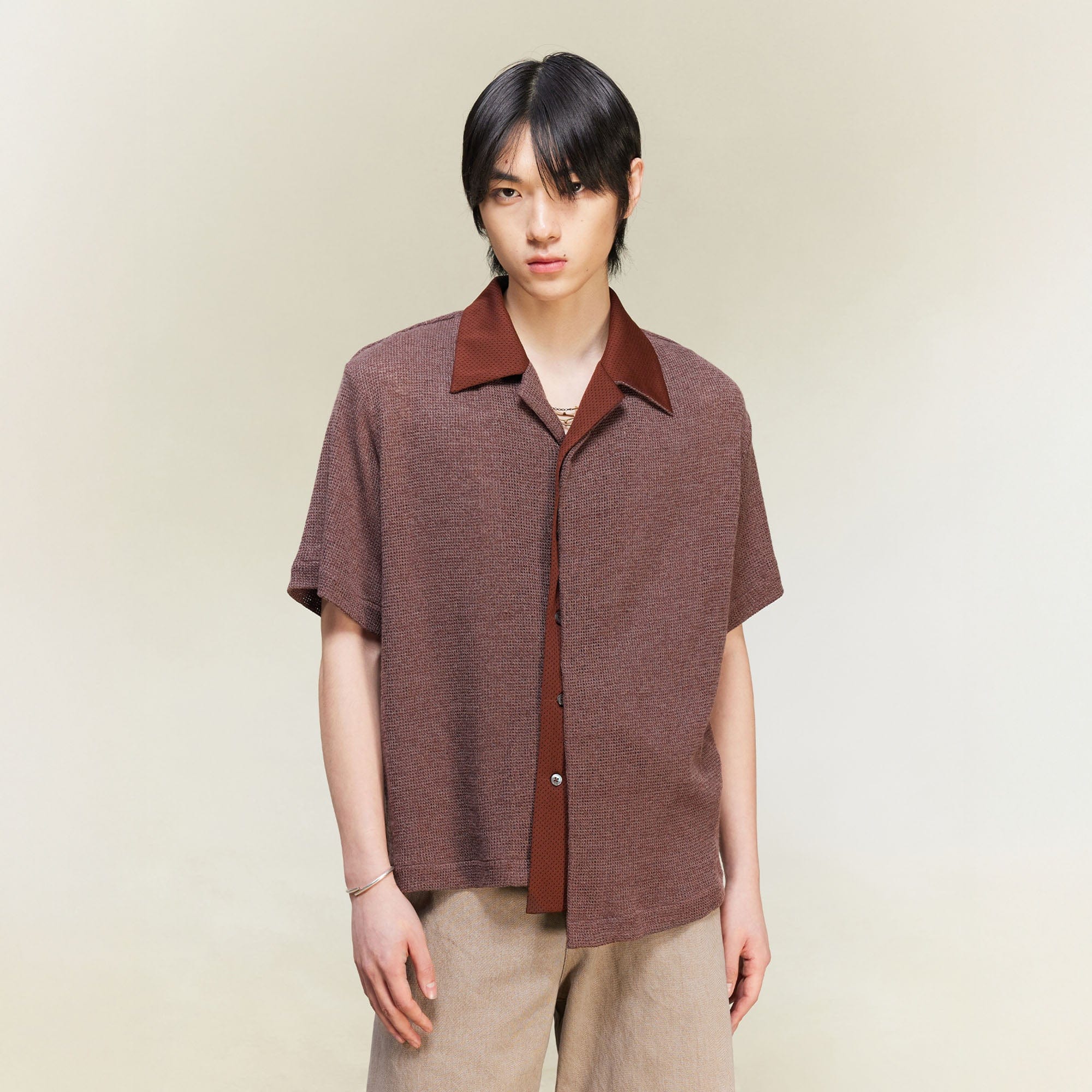 ALVNG AR ANTS Contrast Collar Knitted Texture Half Shirt, premium urban and streetwear designers apparel on PROJECTISR.com, ALVNG AR ANTS