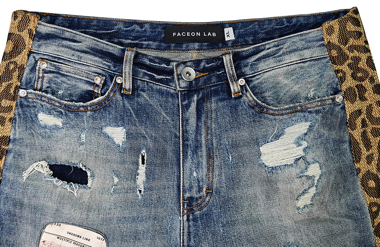 FACEONLAB Leopard Panel Distressed Straight-Leg Jeans