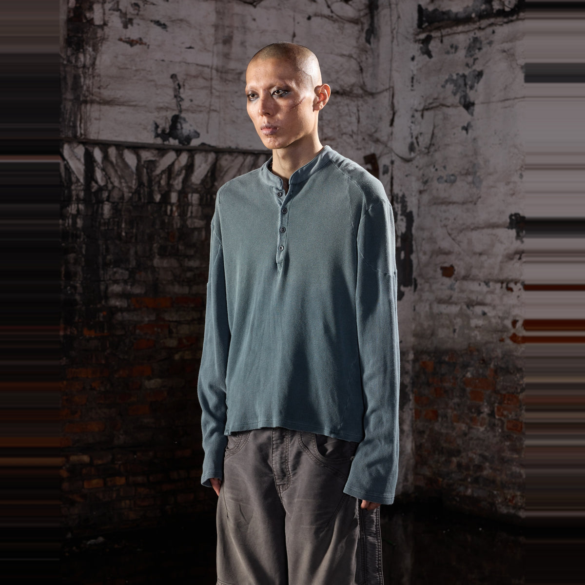 AVINMADE Washed Waffle-Knit Henley Long-Sleeve Tee — square · side