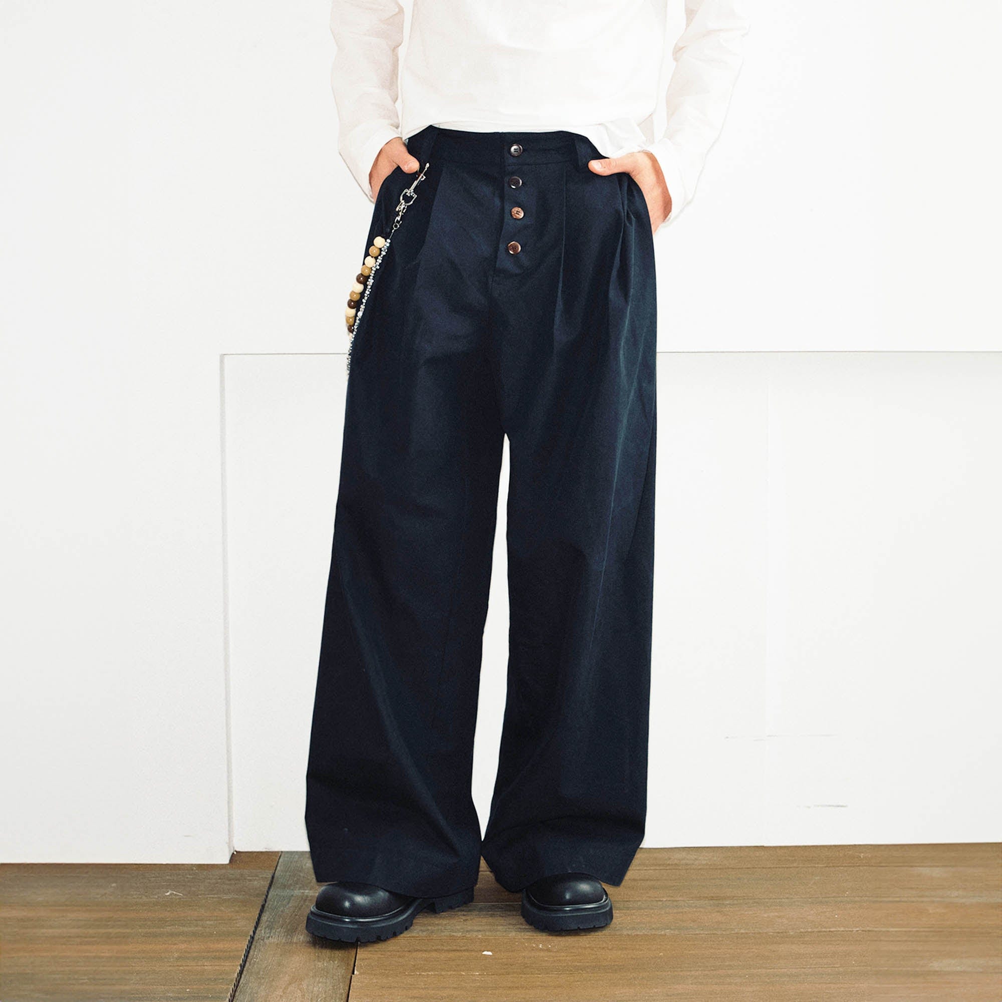 KREATE Crinkled Button-Fly Wide-Leg Pants