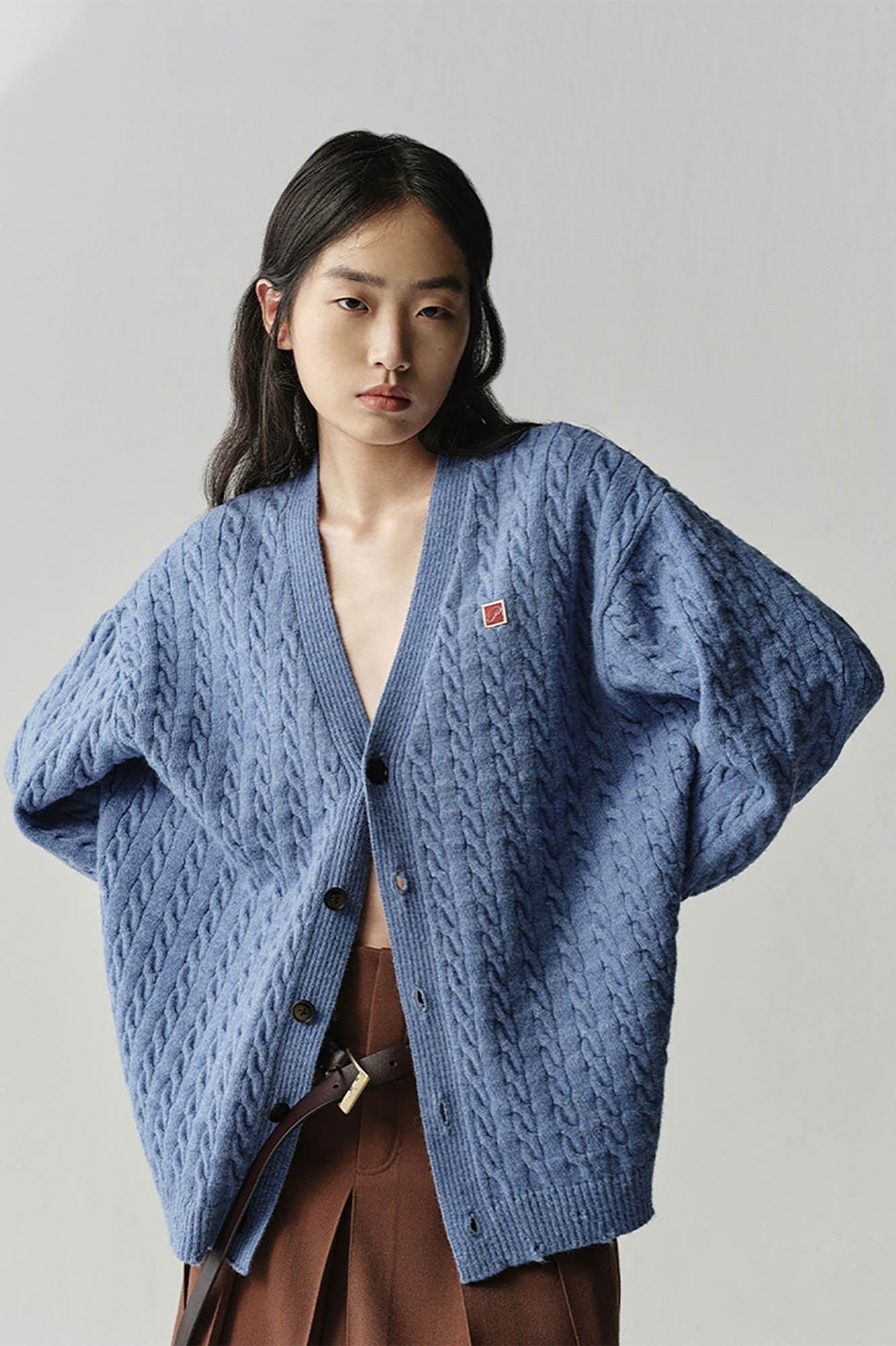 OPICLOTH Cable-Knit V-Neck Button-Up Cardigan