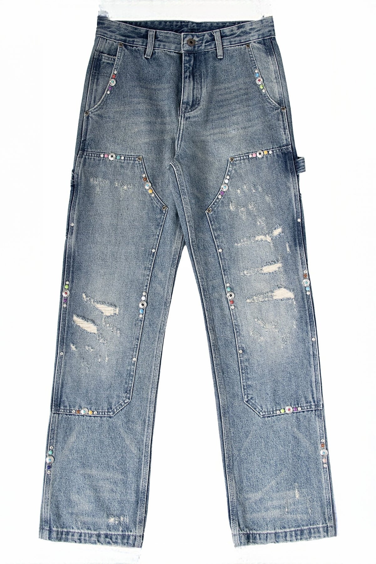 ZWDH Turquoise Studded Straight-Leg Jeans — flat lay