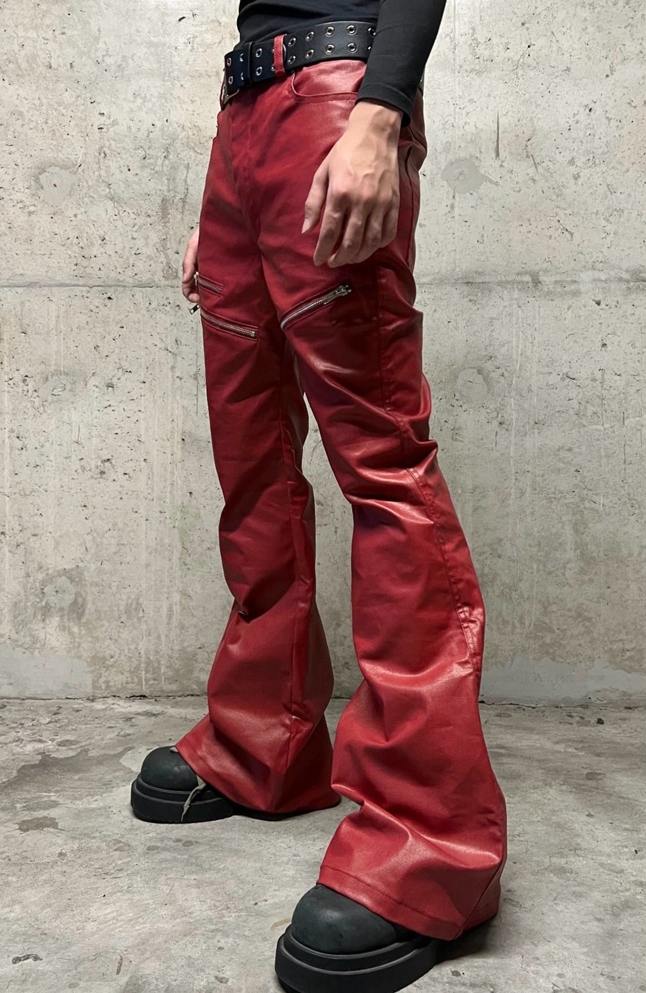 REBEL WAVE Zipper Knee Faux Leather Flared Jeans