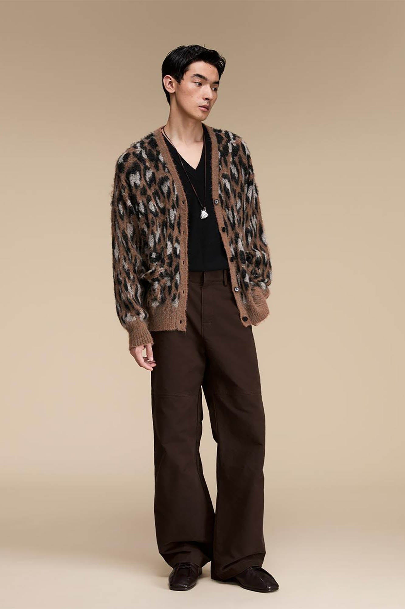 OPICLOTH Leopard Mohair V-Neck Cardigan