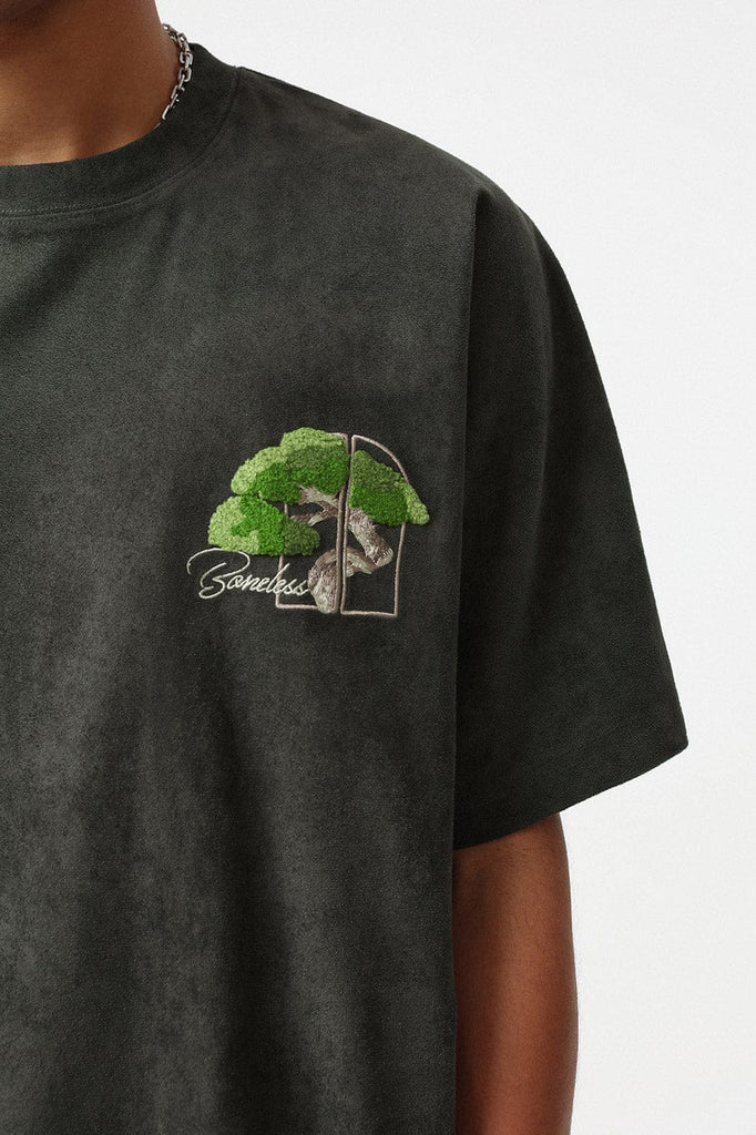 BONELESS Embroidered Tree Faux Suede T-Shirt, premium urban and streetwear designers apparel on PROJECTISR.com, BONELESS