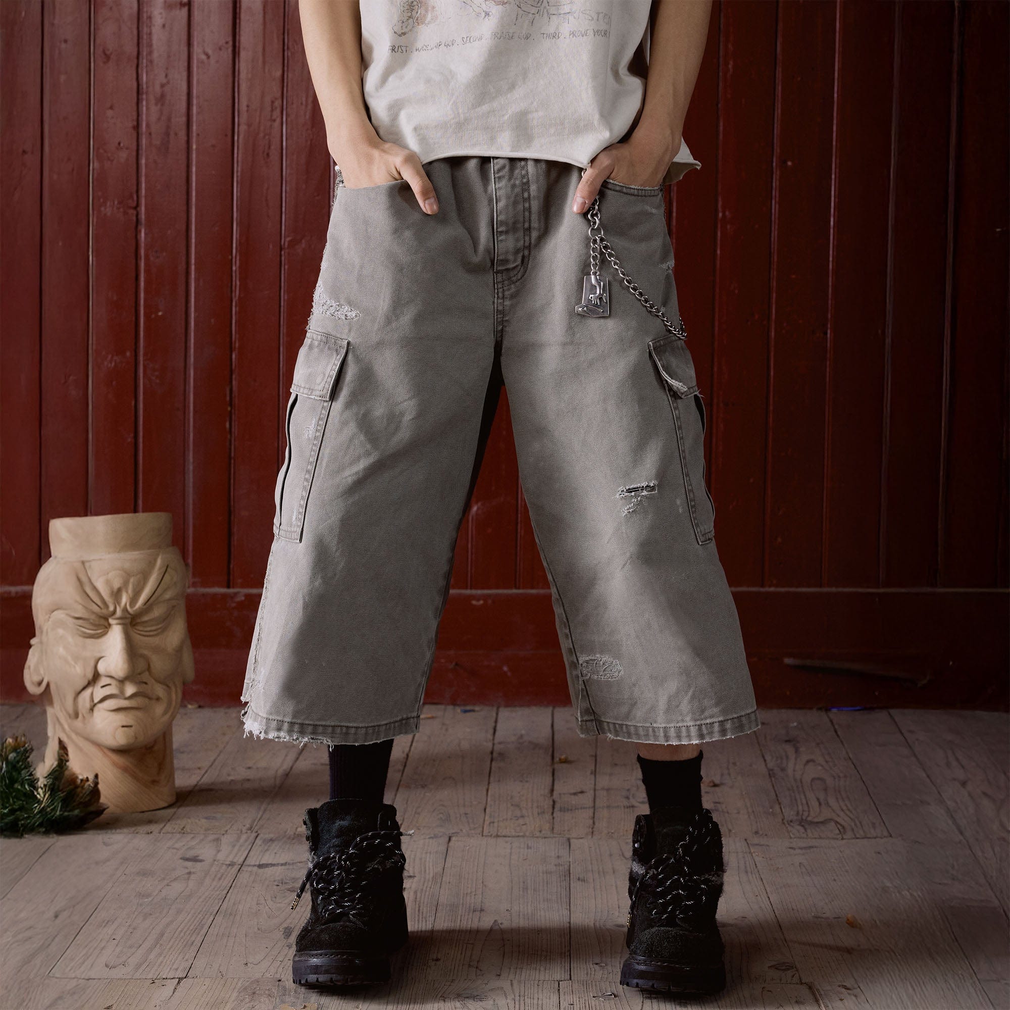 IN EXISTENCE Distressed Multi-Pocket Straight-Leg Cargo Shorts, premium urban and streetwear designers apparel on PROJECTISR.com, IN EXISTENCE