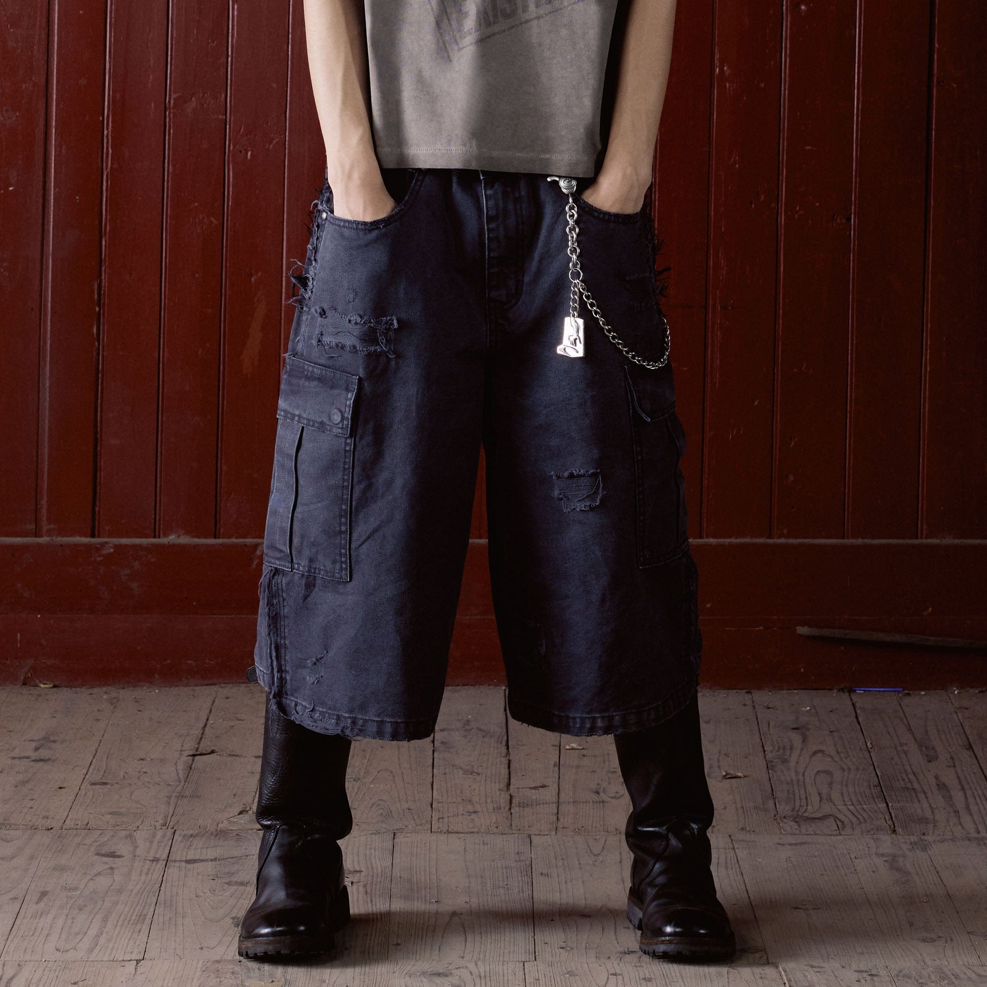 IN EXISTENCE Distressed Multi-Pocket Straight-Leg Cargo Shorts, premium urban and streetwear designers apparel on PROJECTISR.com, IN EXISTENCE