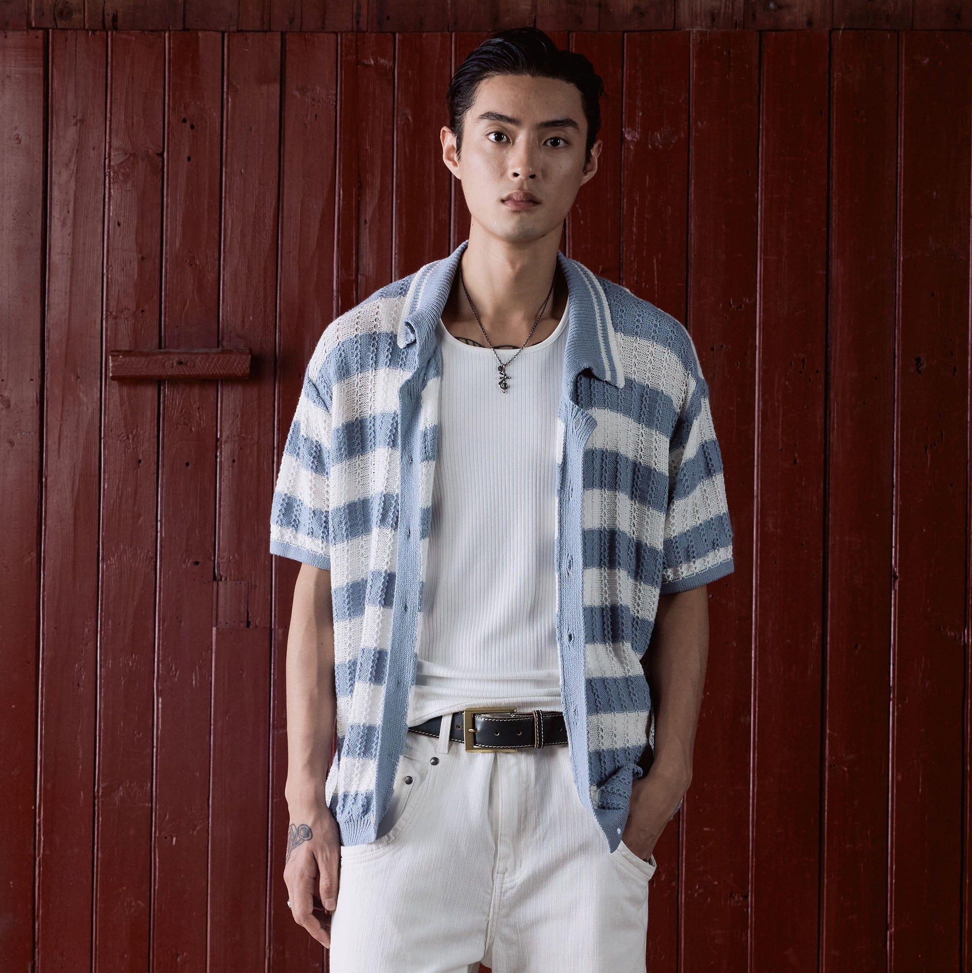 IN EXISTENCE Striped Openwork Jacquard Knitted Polo Cardigan, premium urban and streetwear designers apparel on PROJECTISR.com, IN EXISTENCE
