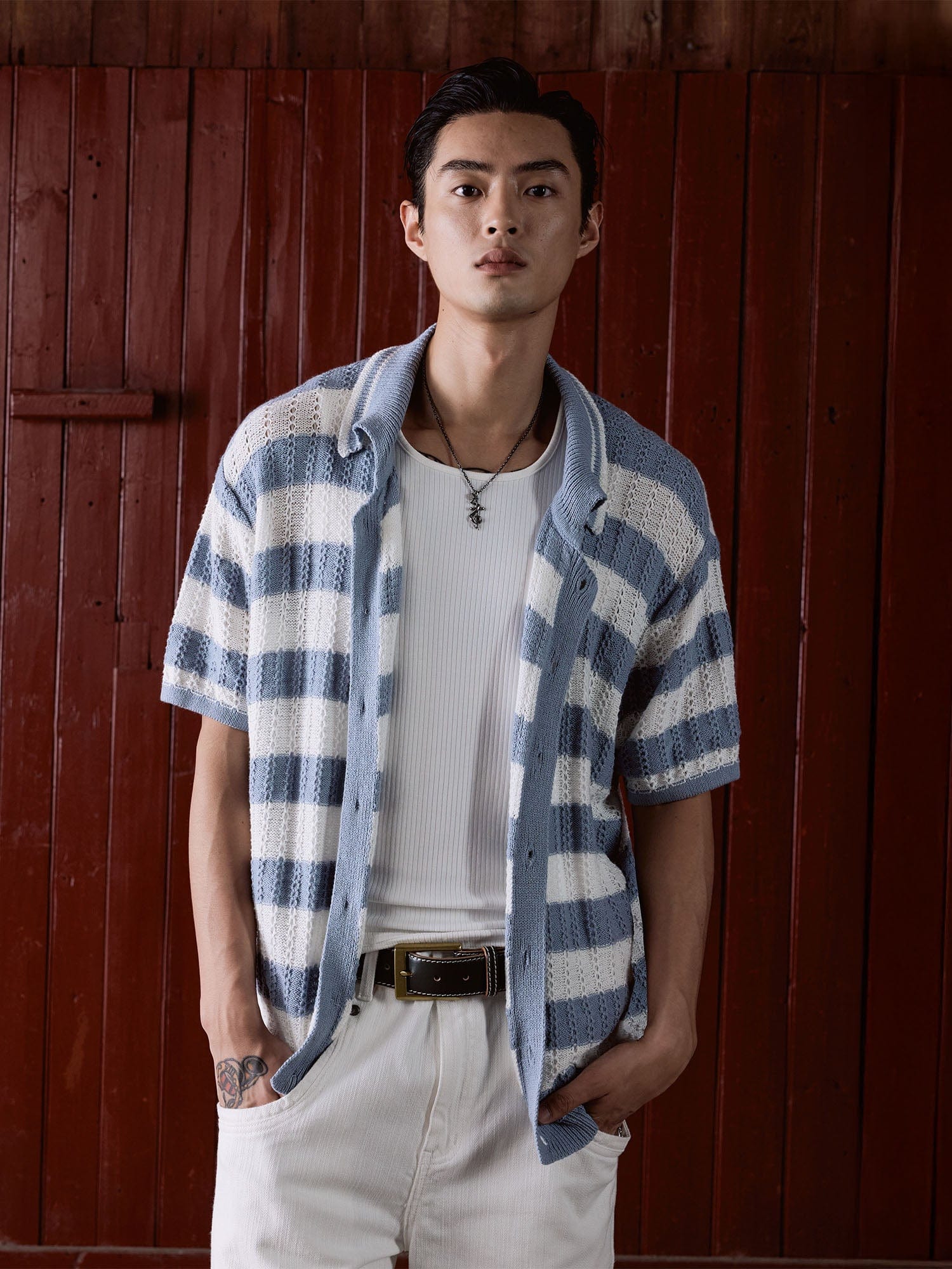 IN EXISTENCE Striped Openwork Jacquard Knitted Polo Cardigan, premium urban and streetwear designers apparel on PROJECTISR.com, IN EXISTENCE