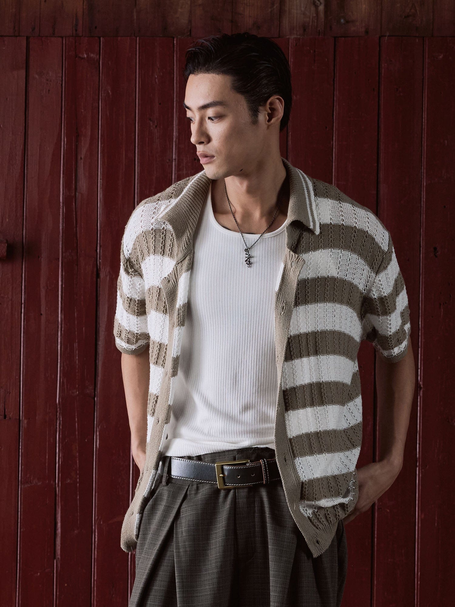 IN EXISTENCE Striped Openwork Jacquard Knitted Polo Cardigan, premium urban and streetwear designers apparel on PROJECTISR.com, IN EXISTENCE