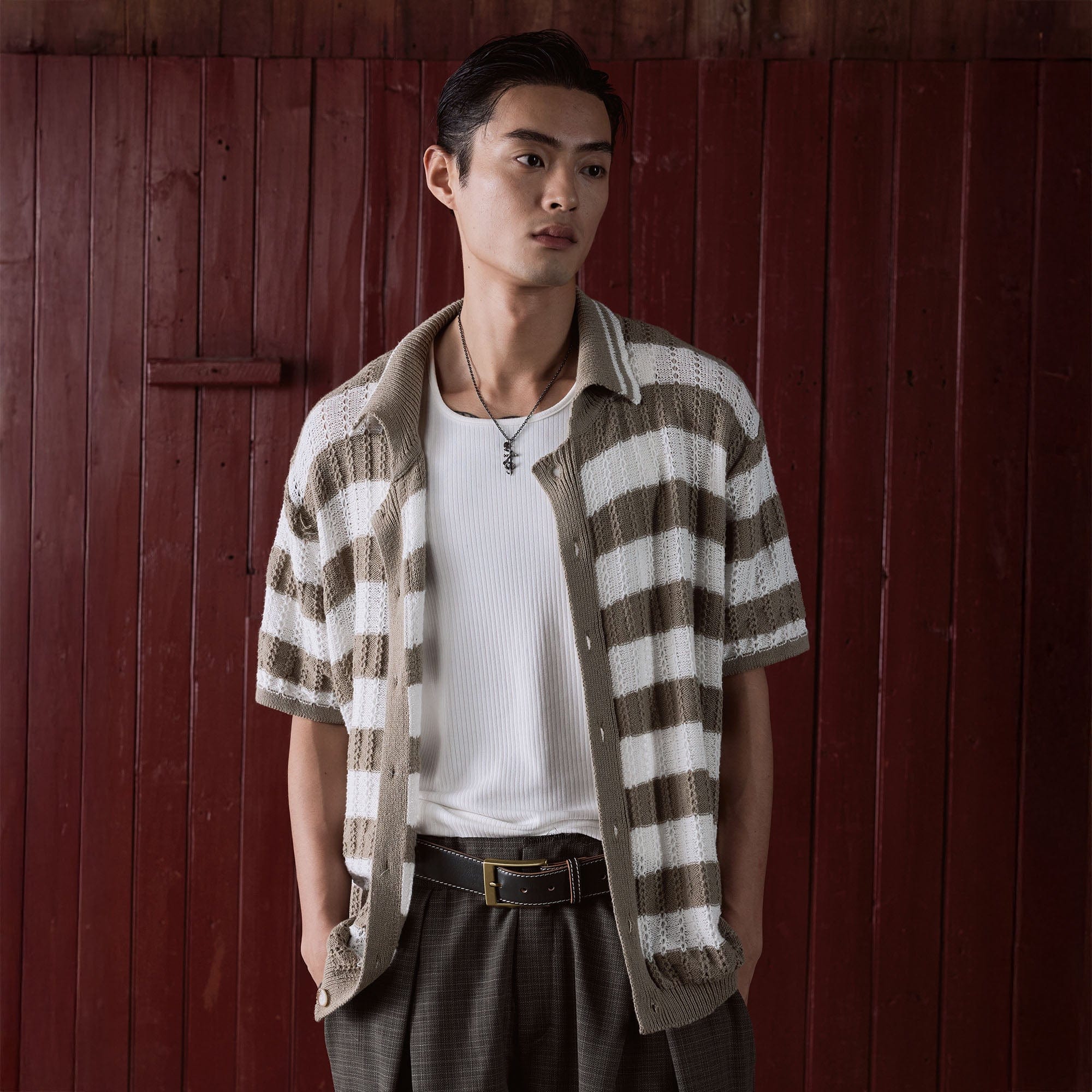 IN EXISTENCE Striped Openwork Jacquard Knitted Polo Cardigan, premium urban and streetwear designers apparel on PROJECTISR.com, IN EXISTENCE