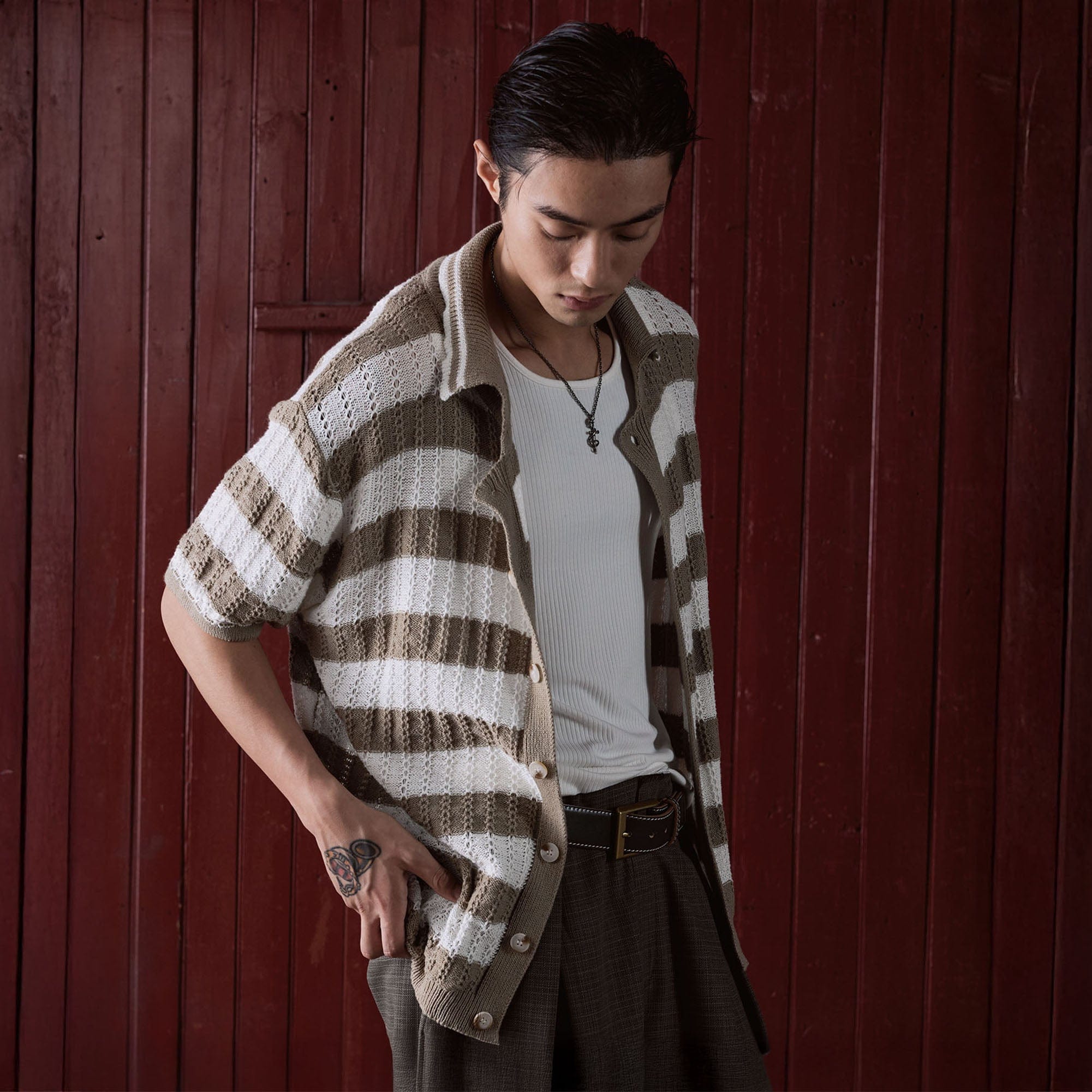 IN EXISTENCE Striped Openwork Jacquard Knitted Polo Cardigan, premium urban and streetwear designers apparel on PROJECTISR.com, IN EXISTENCE