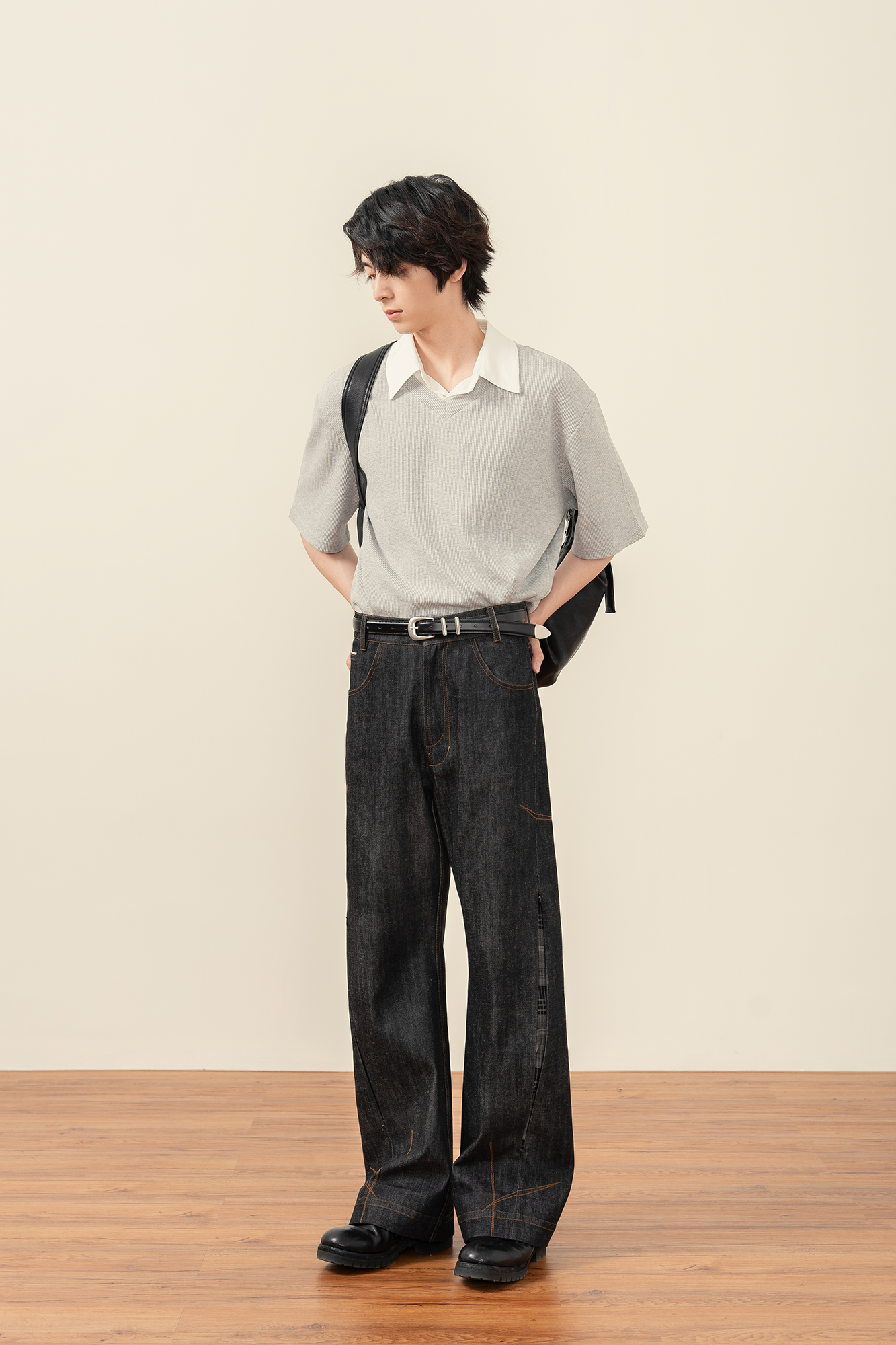 MOITIEDEPETALE Plaid-Inset Wide-Leg Selvedge Jeans